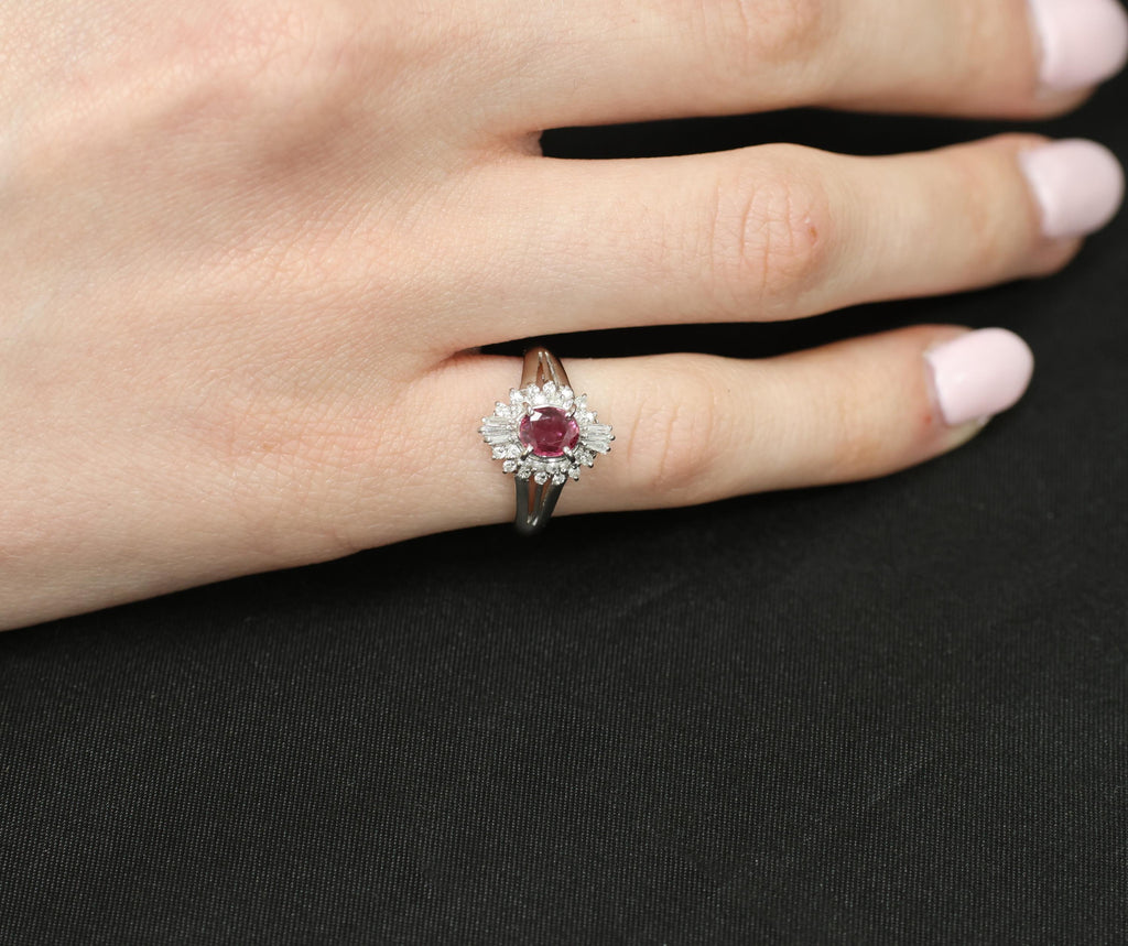 Vintage 0.75ct Ruby & 0.30ct Diamond Platinum Cocktail Cluster Ring Size 5.25