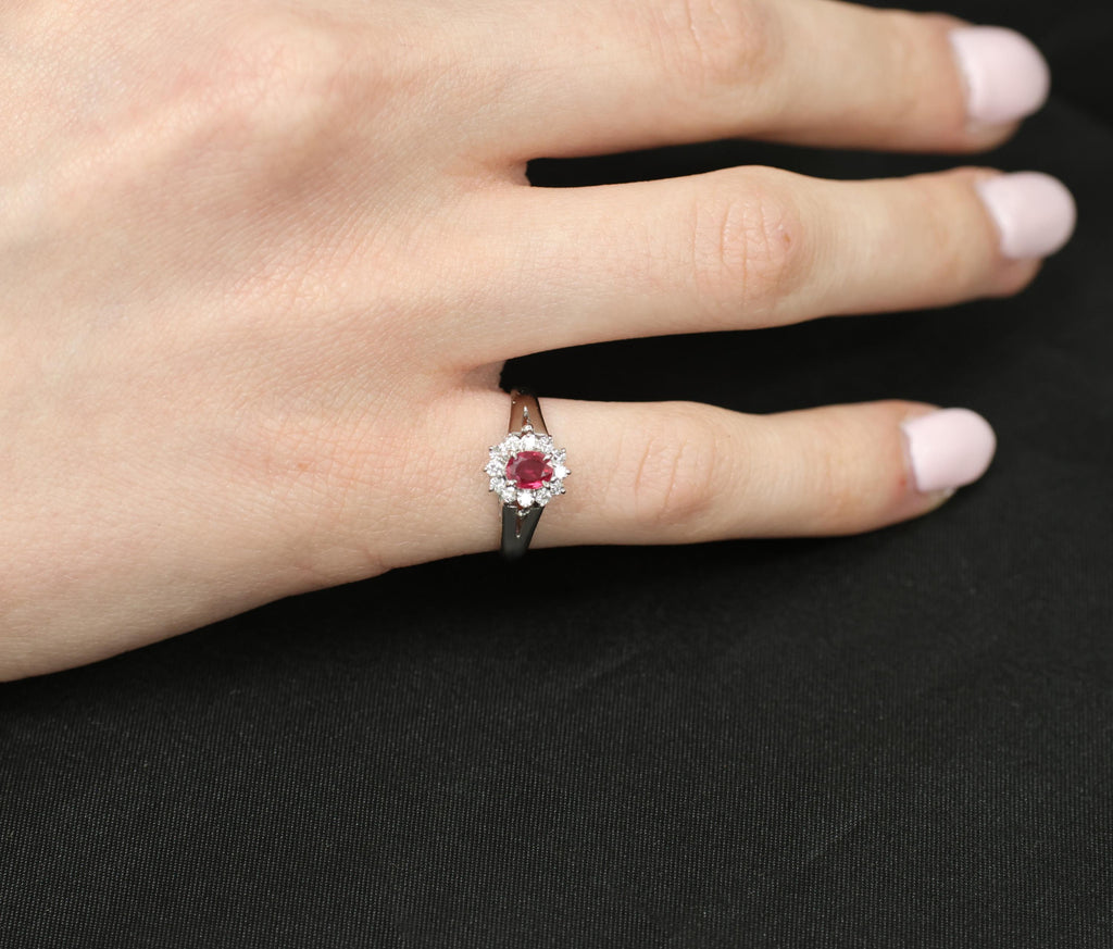 Vintage 0.41ct Ruby & 0.19ct Diamond Platinum Cocktail Halo Ring Size 5.25