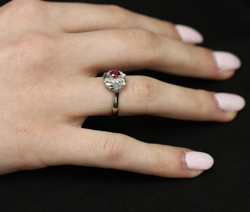 Vintage 0.31ct Intense Red Ruby & 0.14ct Diamond Platinum Ring Size 7.25, 5.19g