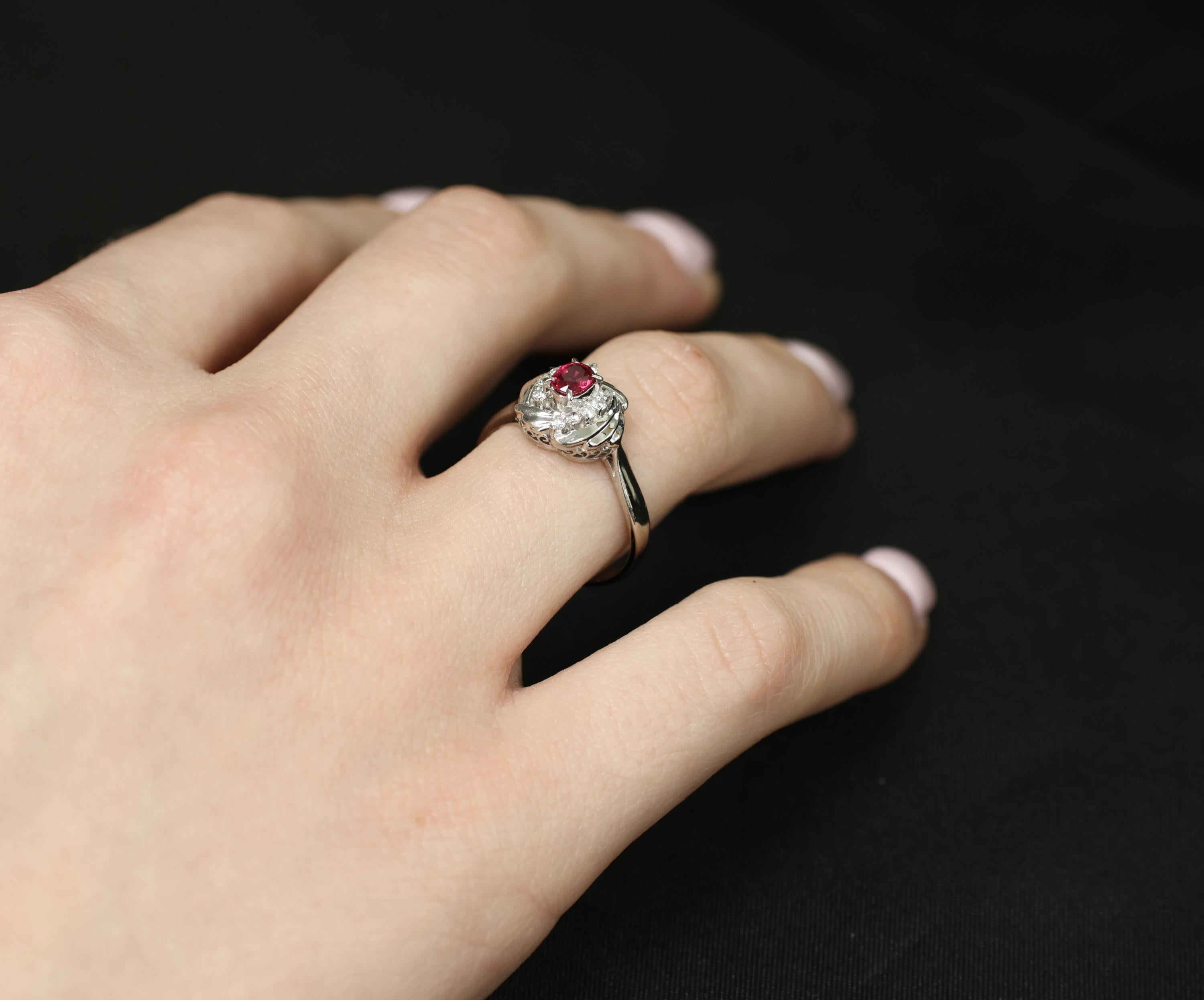 Vintage 0.31ct Intense Red Ruby & 0.14ct Diamond Platinum Ring Size 7.25, 5.19g