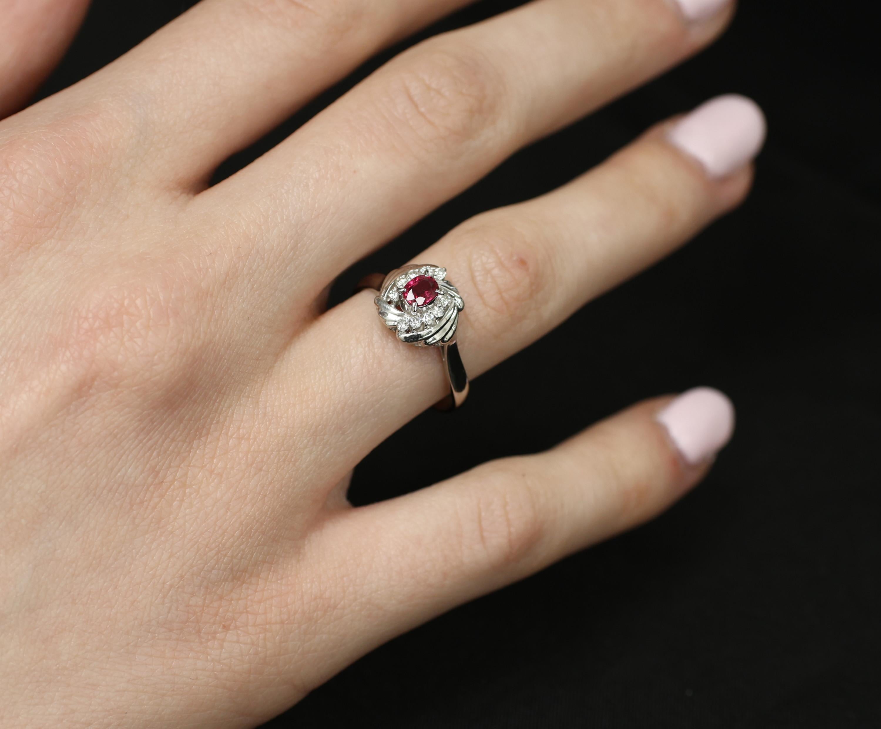 Vintage 0.31ct Intense Red Ruby & 0.14ct Diamond Platinum Ring Size 7.25, 5.19g