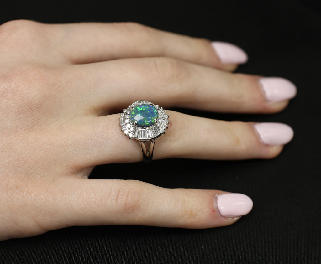 Fine 2.09ct Natural Black Opal & 1.06ct Diamond Platinum Ring Size 6