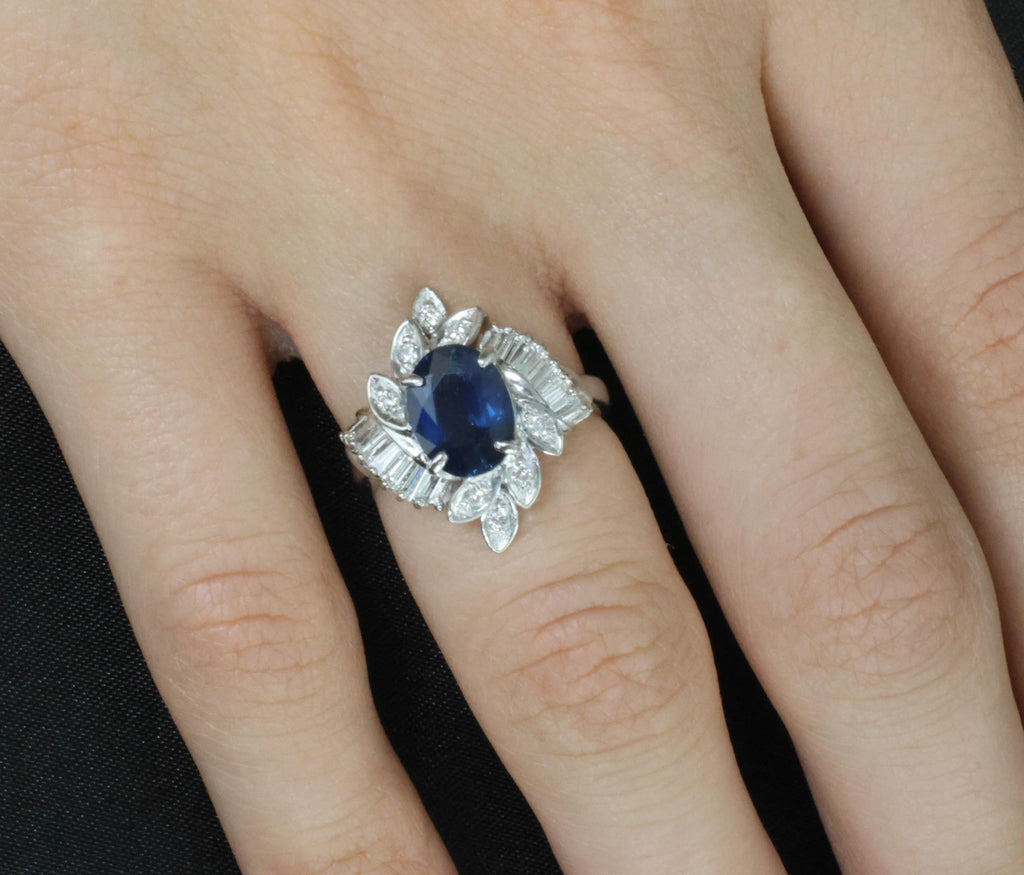 Fine 2.47ct GIA Blue Sapphire & 0.52ct Diamond Halo Platinum Ring, Size 5.75