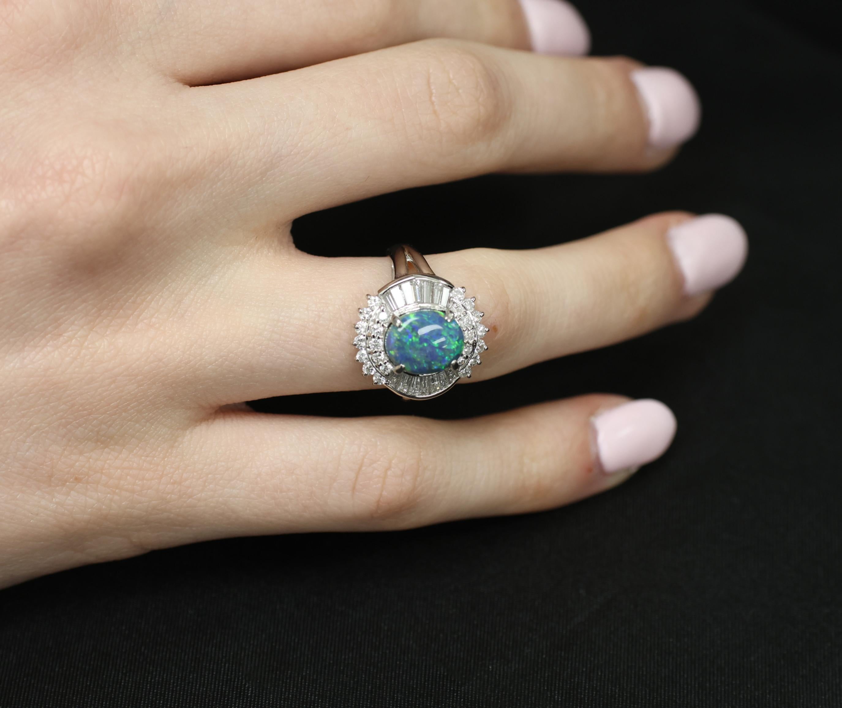 Fine 2.09ct Natural Black Opal & 1.06ct Diamond Platinum Ring Size 6