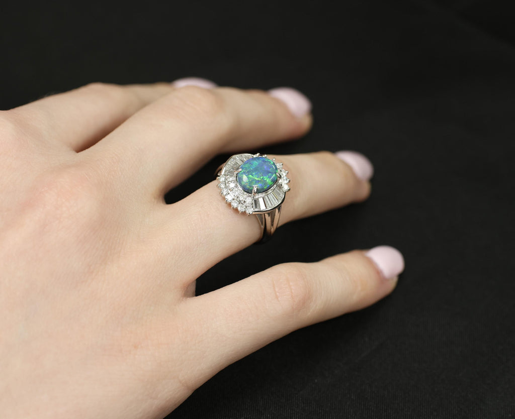 Fine 2.09ct Natural Black Opal & 1.06ct Diamond Platinum Ring Size 6