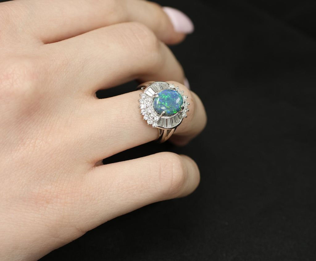 Fine 2.09ct Natural Black Opal & 1.06ct Diamond Platinum Ring Size 6