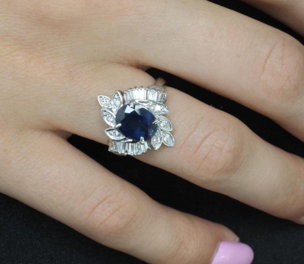 Fine 2.47ct GIA Blue Sapphire & 0.52ct Diamond Halo Platinum Ring, Size 5.75