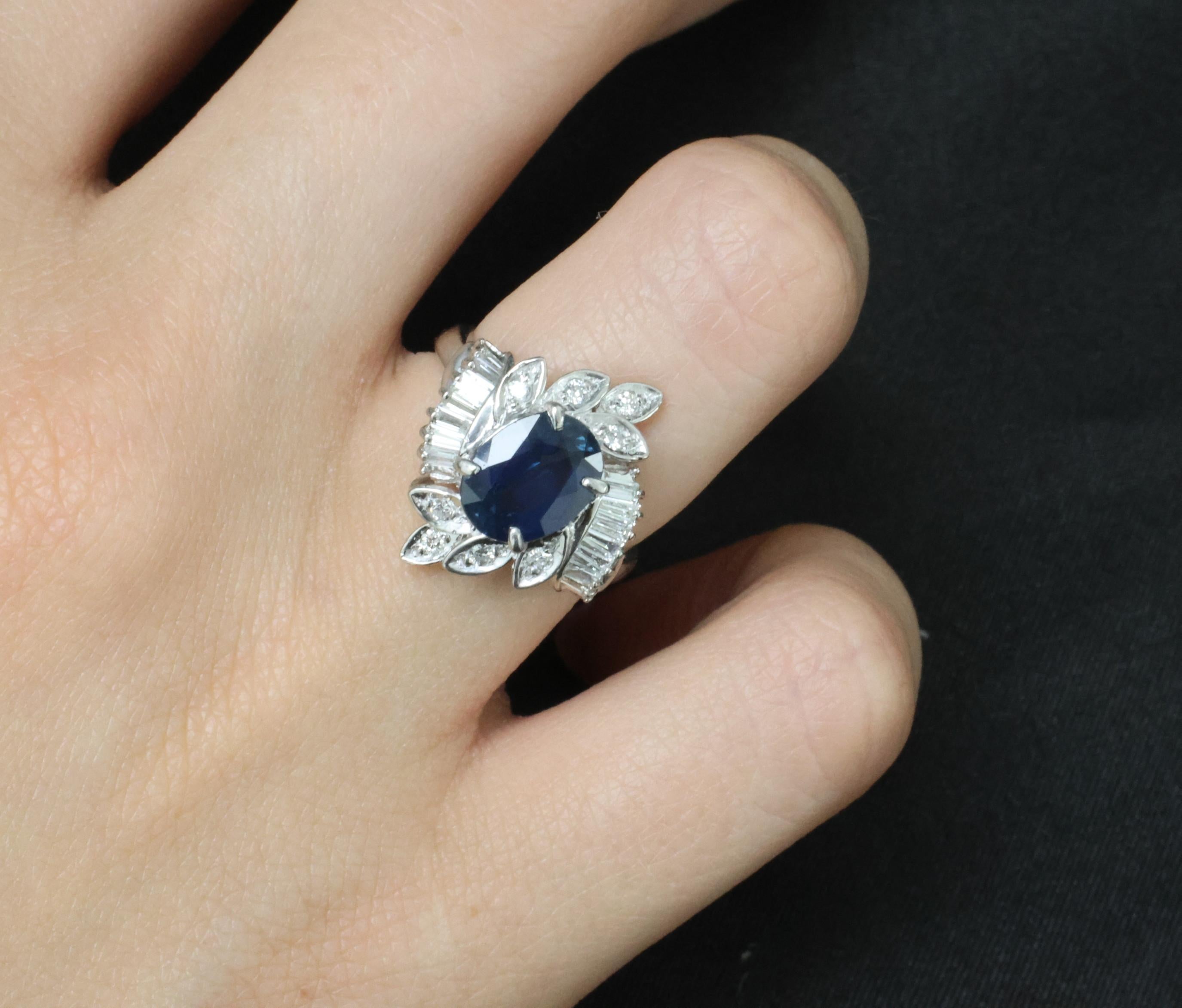 Fine 2.47ct GIA Blue Sapphire & 0.52ct Diamond Halo Platinum Ring, Size 5.75