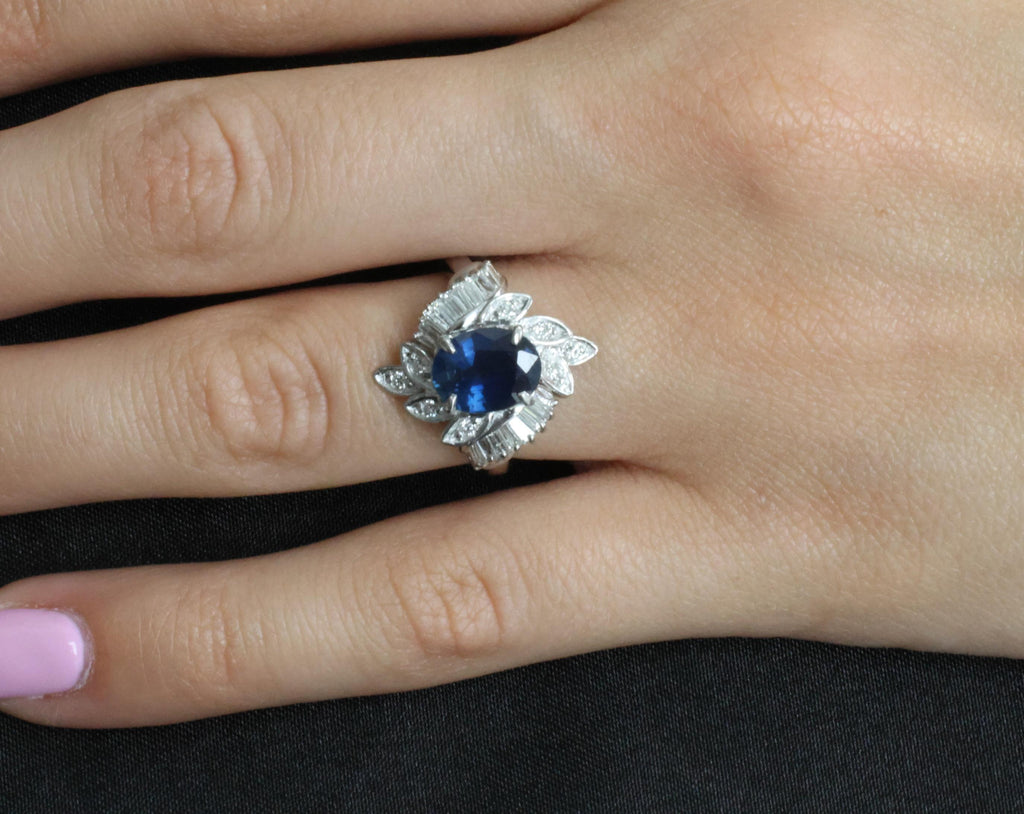 Fine 2.47ct GIA Blue Sapphire & 0.52ct Diamond Halo Platinum Ring, Size 5.75