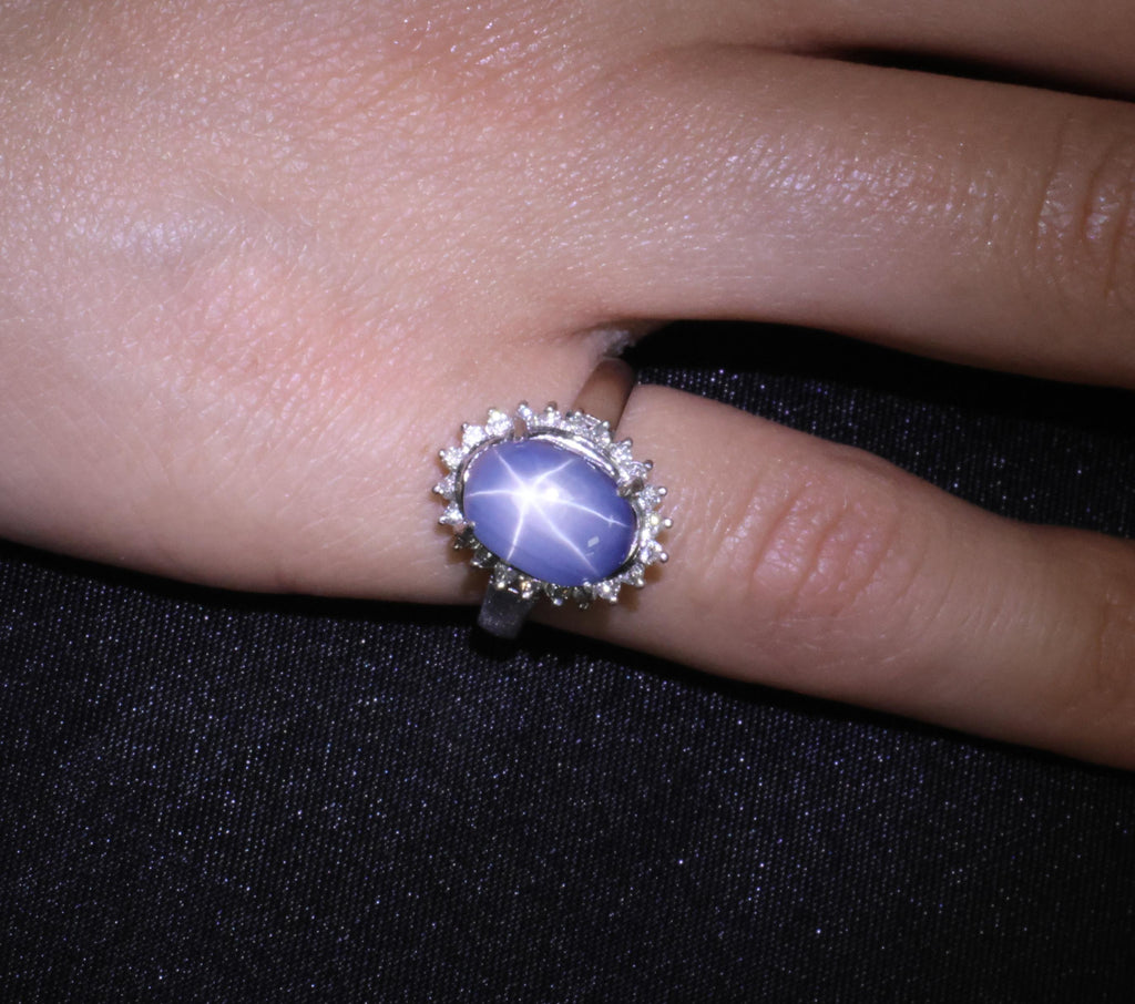 Estate 8.04ct Natural Star Sapphire &0.26ct Diamond Halo Platinum Ring Size 4.75