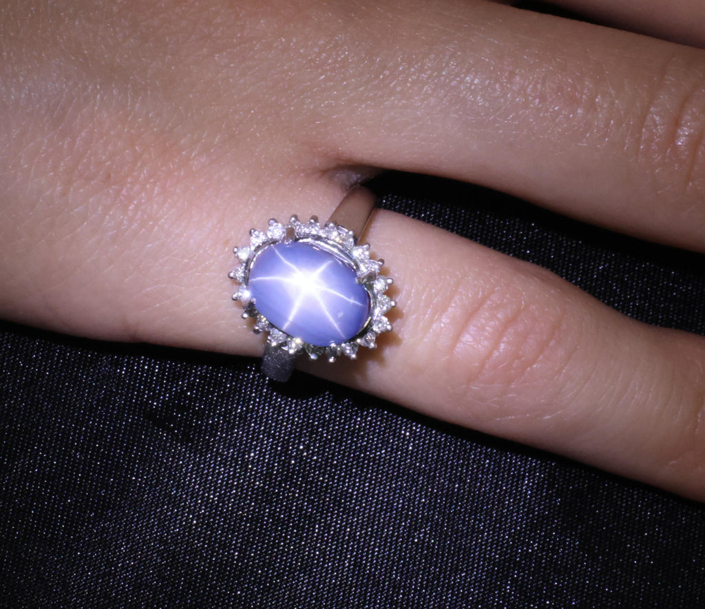 Estate 8.04ct Natural Star Sapphire &0.26ct Diamond Halo Platinum Ring Size 4.75