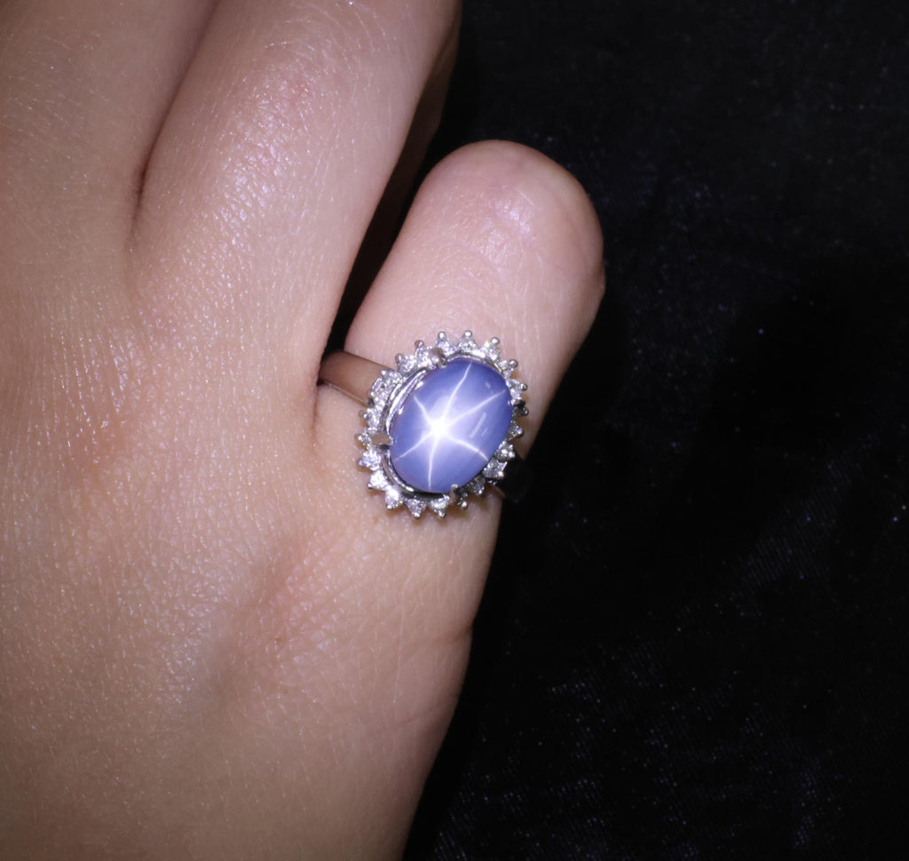 Estate 8.04ct Natural Star Sapphire &0.26ct Diamond Halo Platinum Ring Size 4.75