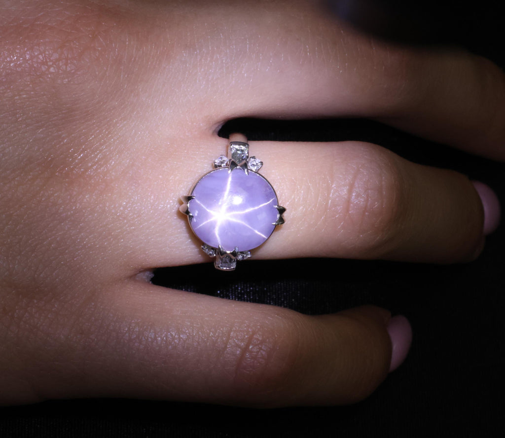 Rare 6.94ct Natural Purple Star Sapphire & 0.25ct Diamond Platinum Ring, Size 7