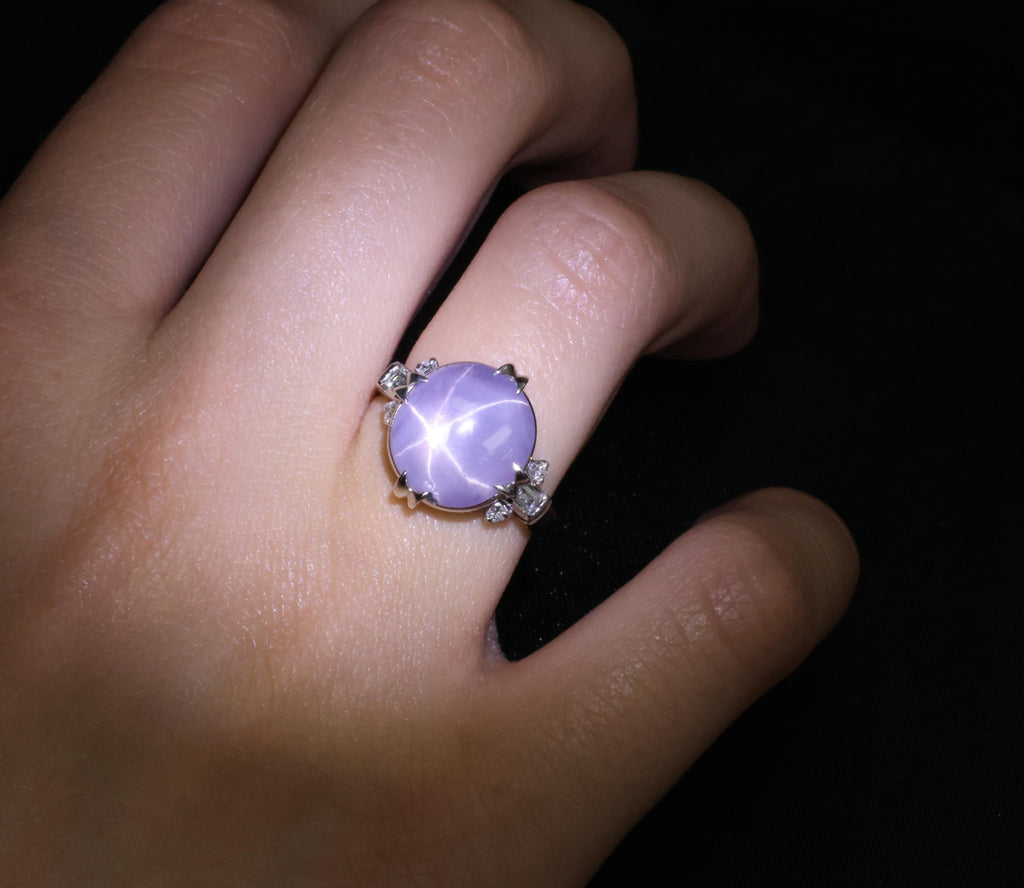 Rare 6.94ct Natural Purple Star Sapphire & 0.25ct Diamond Platinum Ring, Size 7