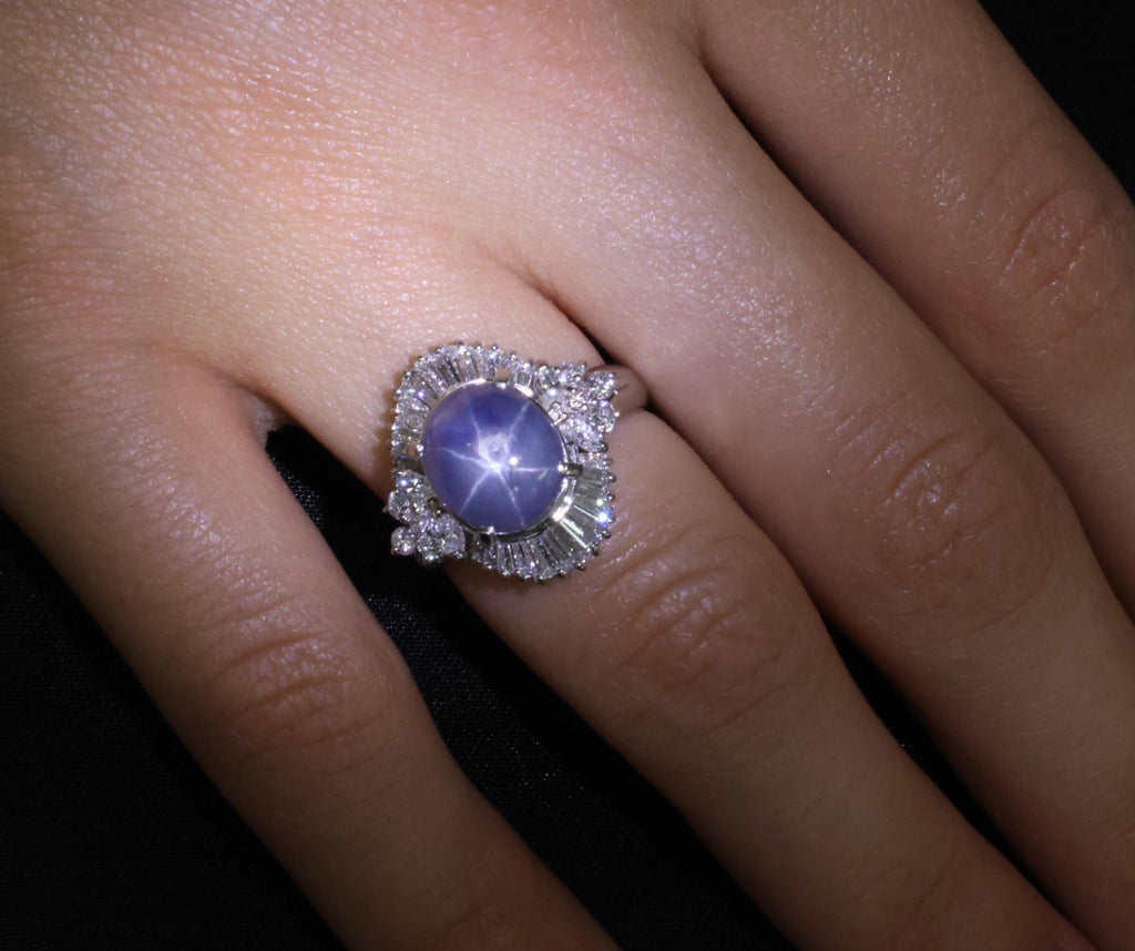 Fine 4.93ct Natural Blue Star Sapphire & 1.11ct Diamond Platinum Ring, Size 6.25