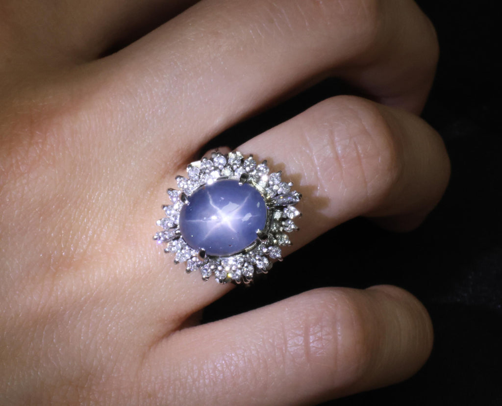 12.50ct Natural Blue Star Sapphire & 0.80ct Diamond Halo Platinum Ring Size 7.25
