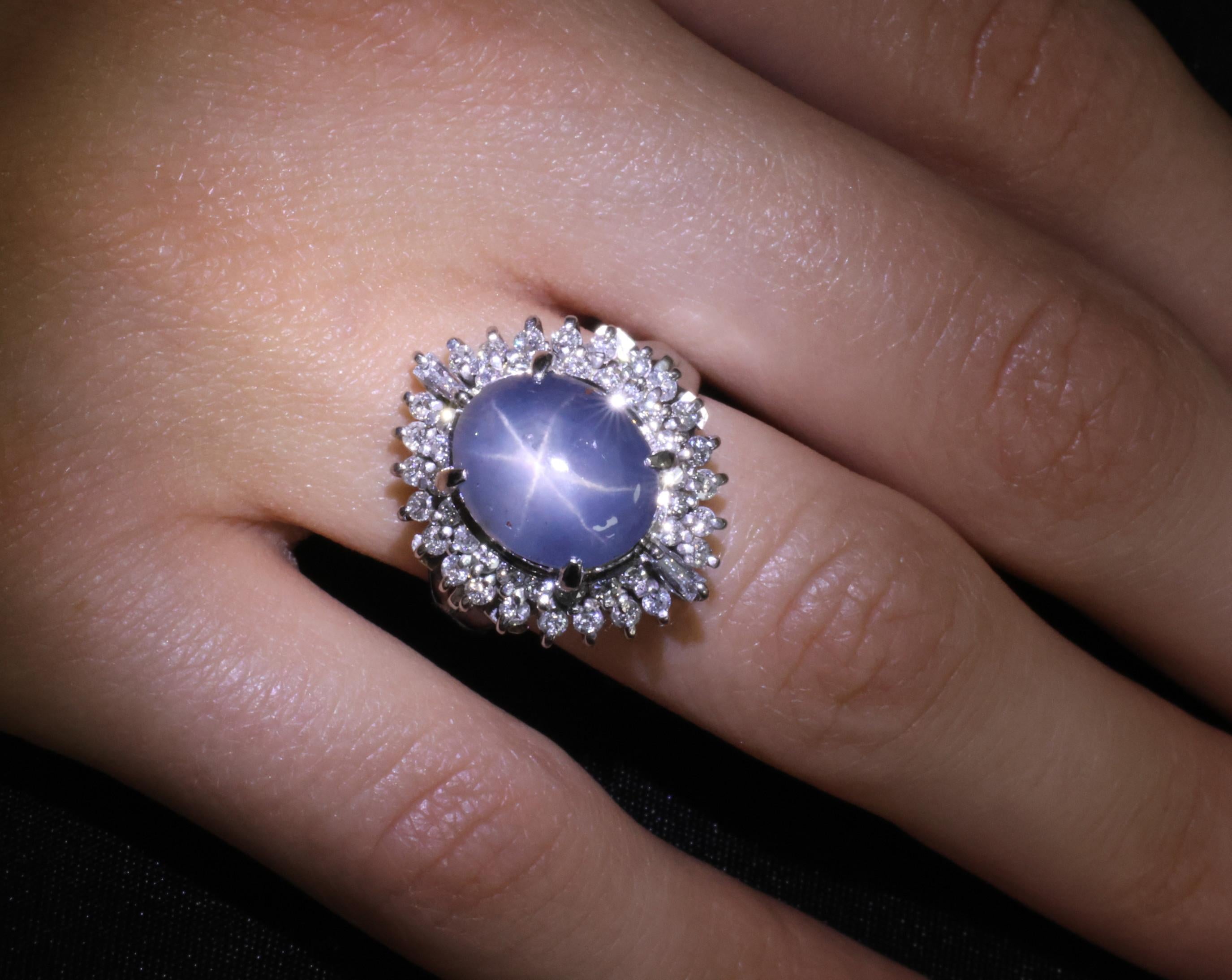 12.50ct Natural Blue Star Sapphire & 0.80ct Diamond Halo Platinum Ring Size 7.25