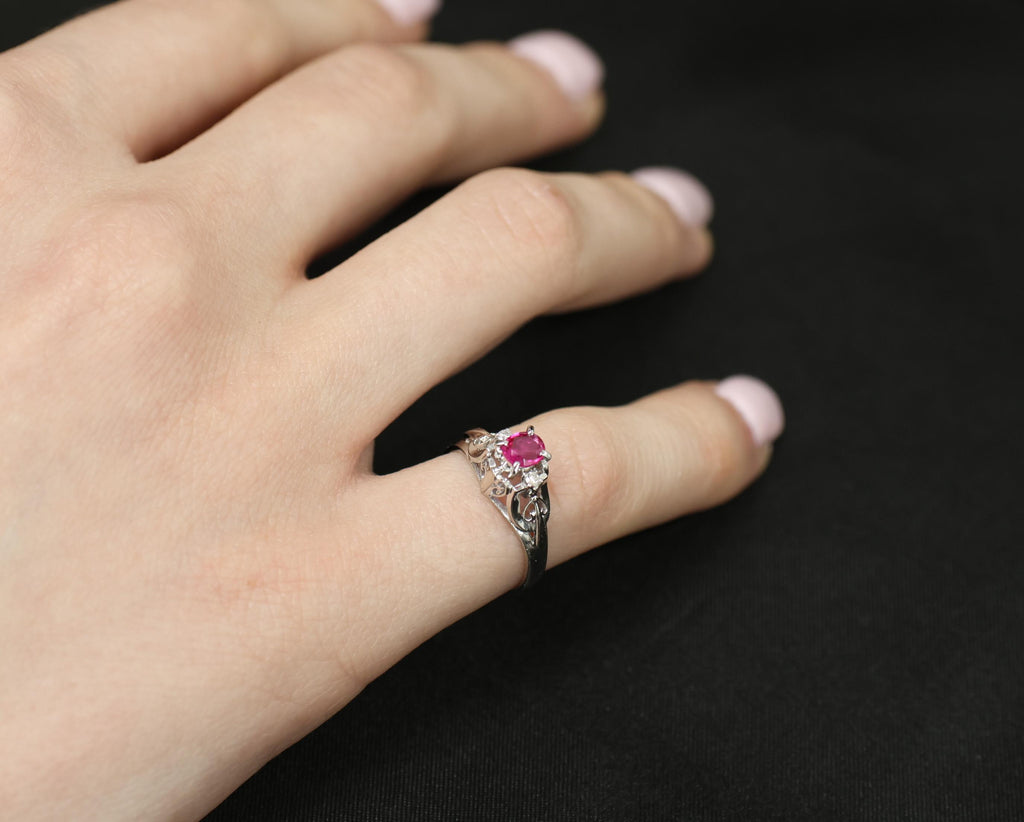 Vintage 0.30ct Ruby & 0.06ct Diamond Handmade Platinum Ring Size 6.25, 3.54g
