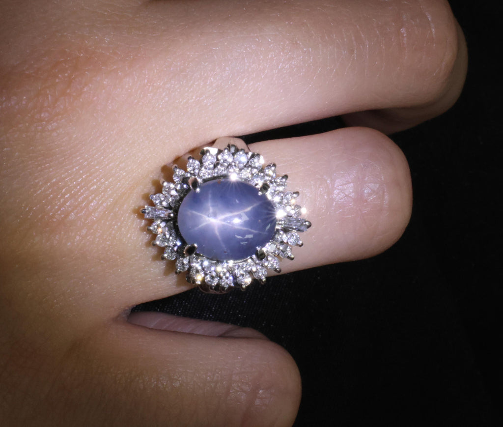 12.50ct Natural Blue Star Sapphire & 0.80ct Diamond Halo Platinum Ring Size 7.25