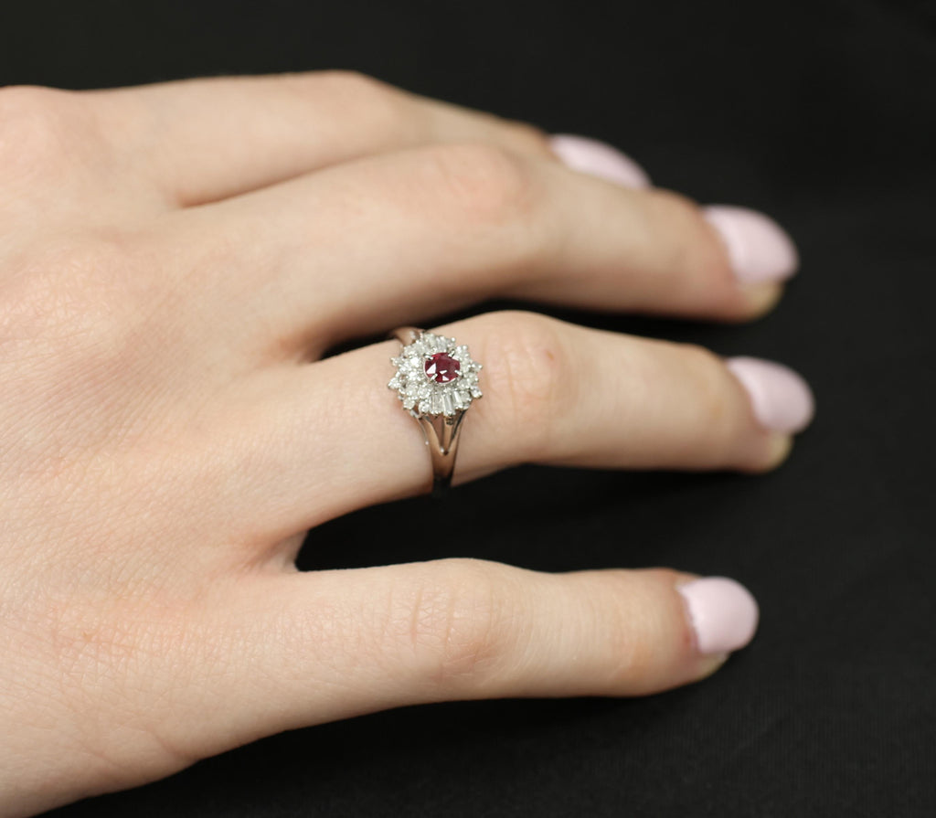 Vintage 0.30ct Intense Red Ruby & 0.24ct Diamond Platinum Ring Size 8, 3.71g
