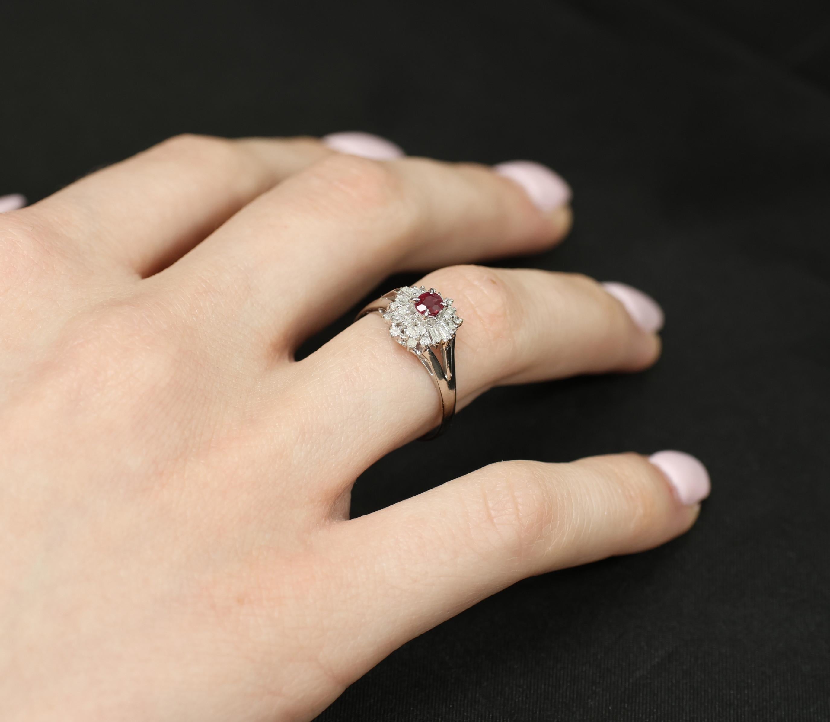 Vintage 0.30ct Intense Red Ruby & 0.24ct Diamond Platinum Ring Size 8, 3.71g
