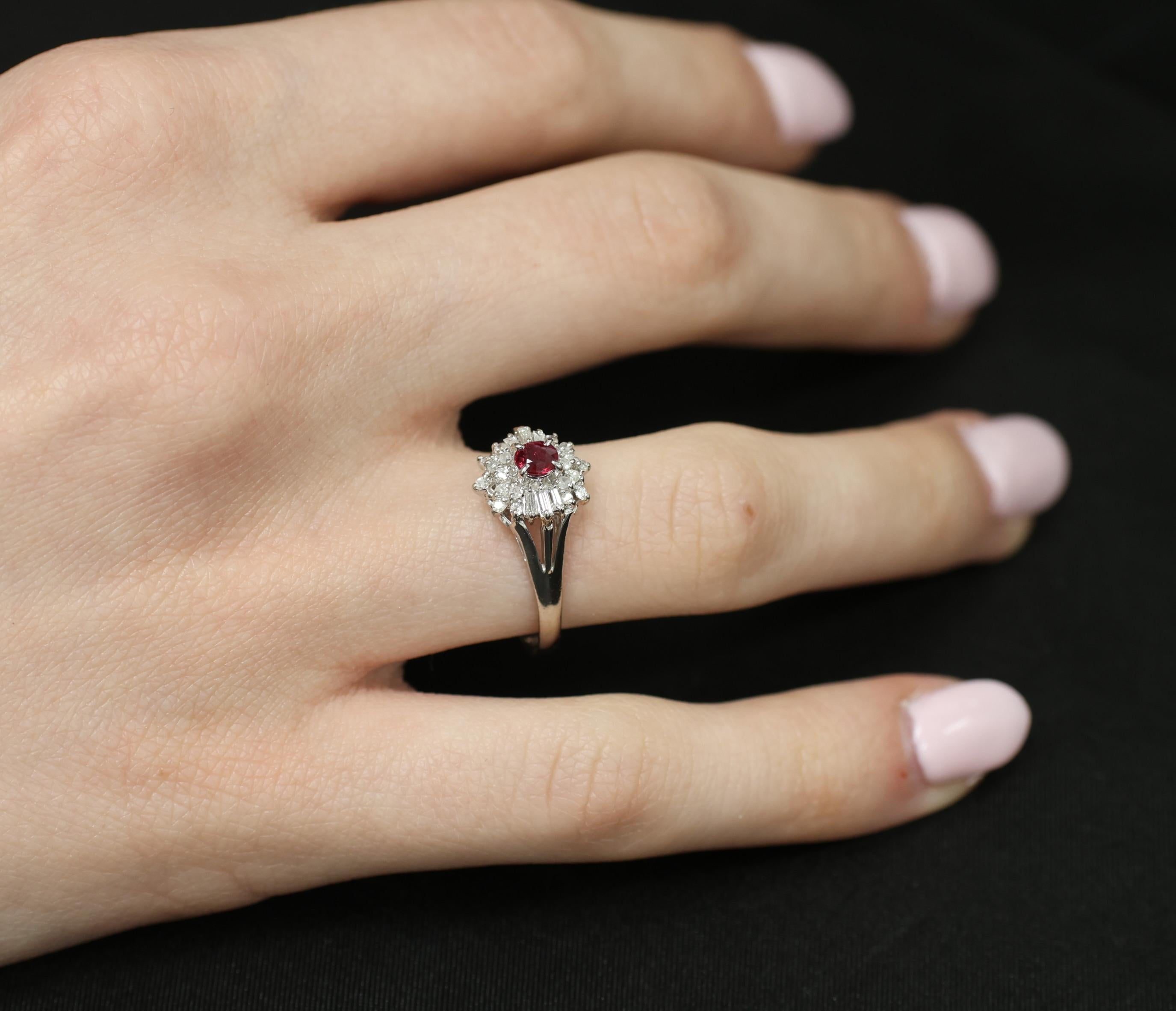 Vintage 0.30ct Intense Red Ruby & 0.24ct Diamond Platinum Ring Size 8, 3.71g