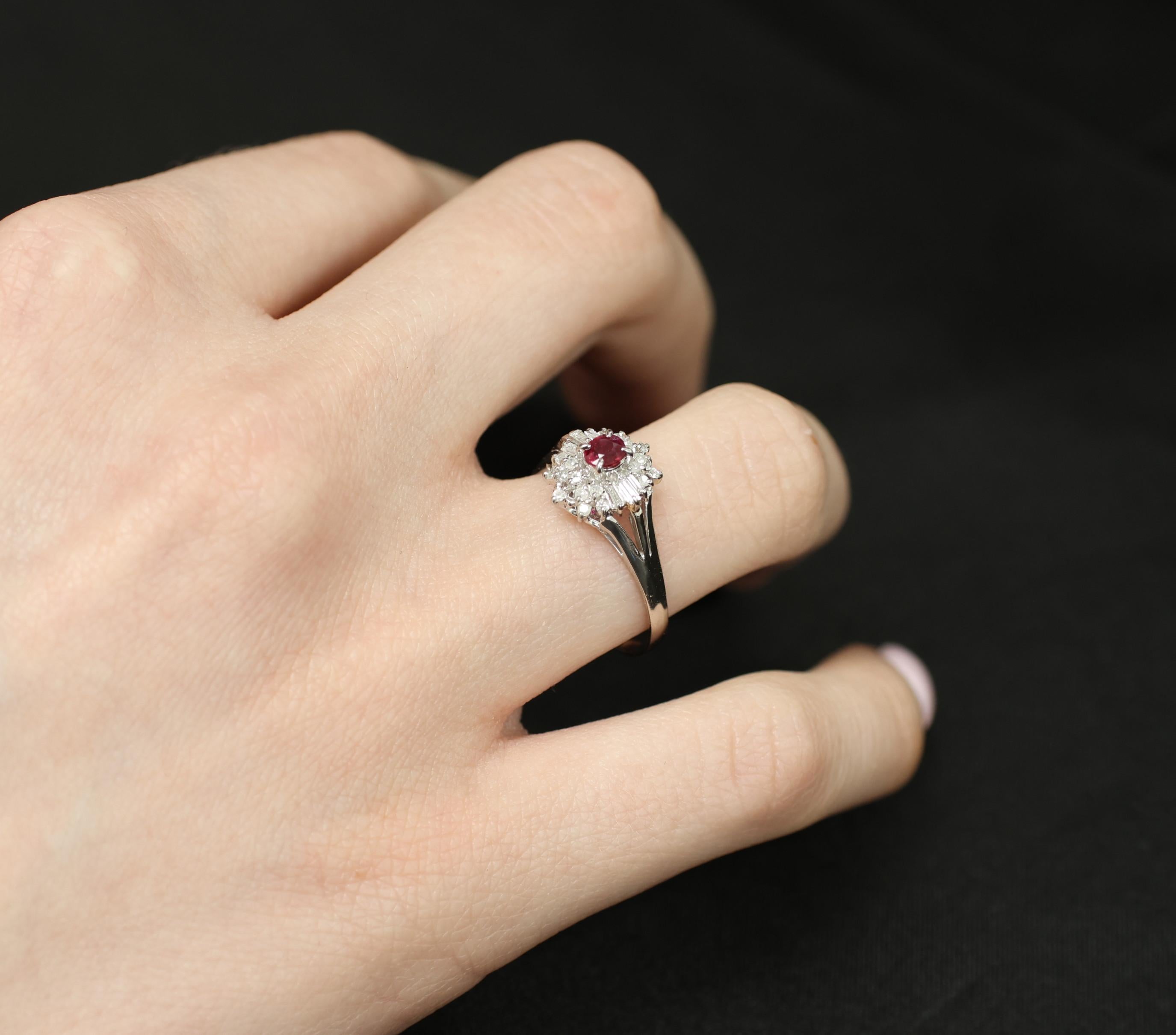 Vintage 0.30ct Intense Red Ruby & 0.24ct Diamond Platinum Ring Size 8, 3.71g