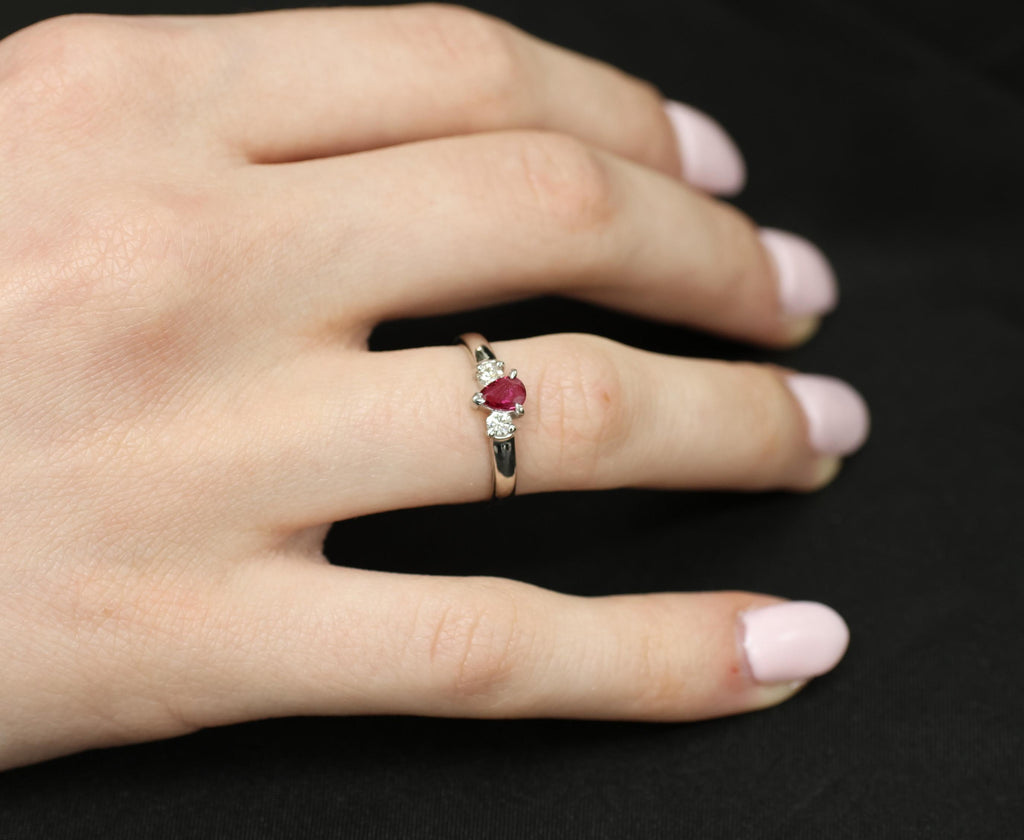 0.31ct Pear Shape Natural Ruby & 0.14ct Diamond Platinum Ring Size 6.25, 2.8g