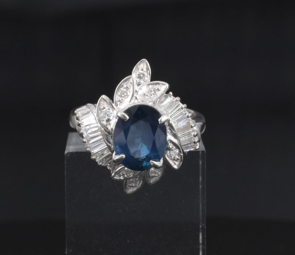 Fine 2.47ct GIA Blue Sapphire & 0.52ct Diamond Halo Platinum Ring, Size 5.75