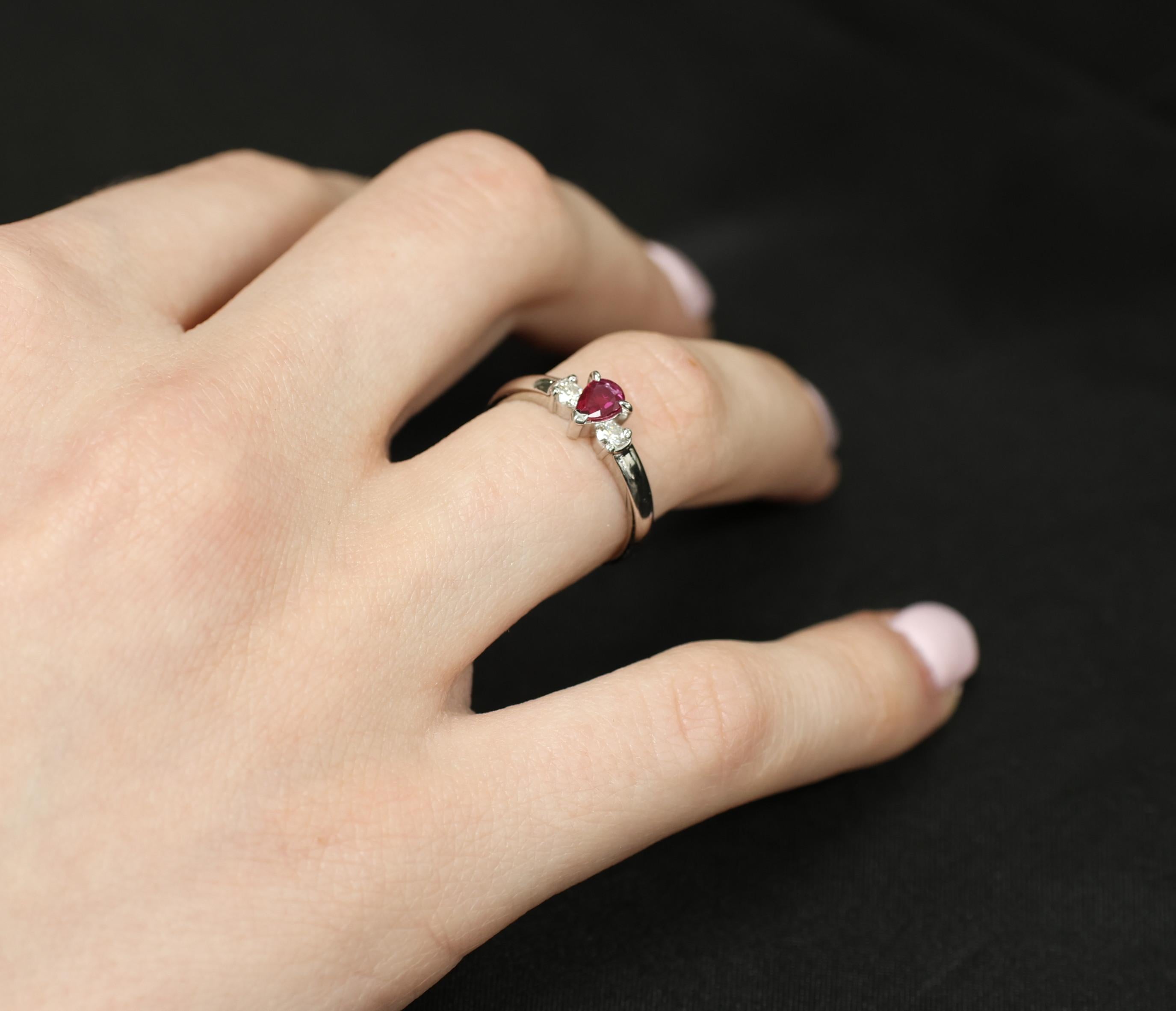 0.31ct Pear Shape Natural Ruby & 0.14ct Diamond Platinum Ring Size 6.25, 2.8g