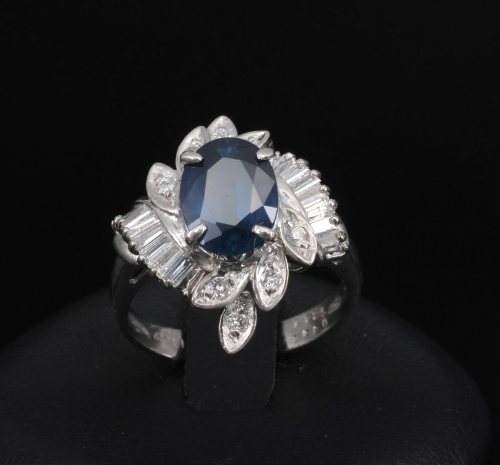 Fine 2.47ct GIA Blue Sapphire & 0.52ct Diamond Halo Platinum Ring, Size 5.75