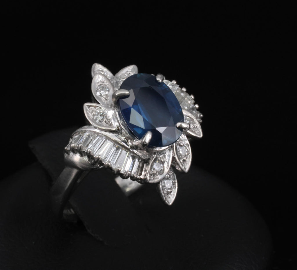 Fine 2.47ct GIA Blue Sapphire & 0.52ct Diamond Halo Platinum Ring, Size 5.75