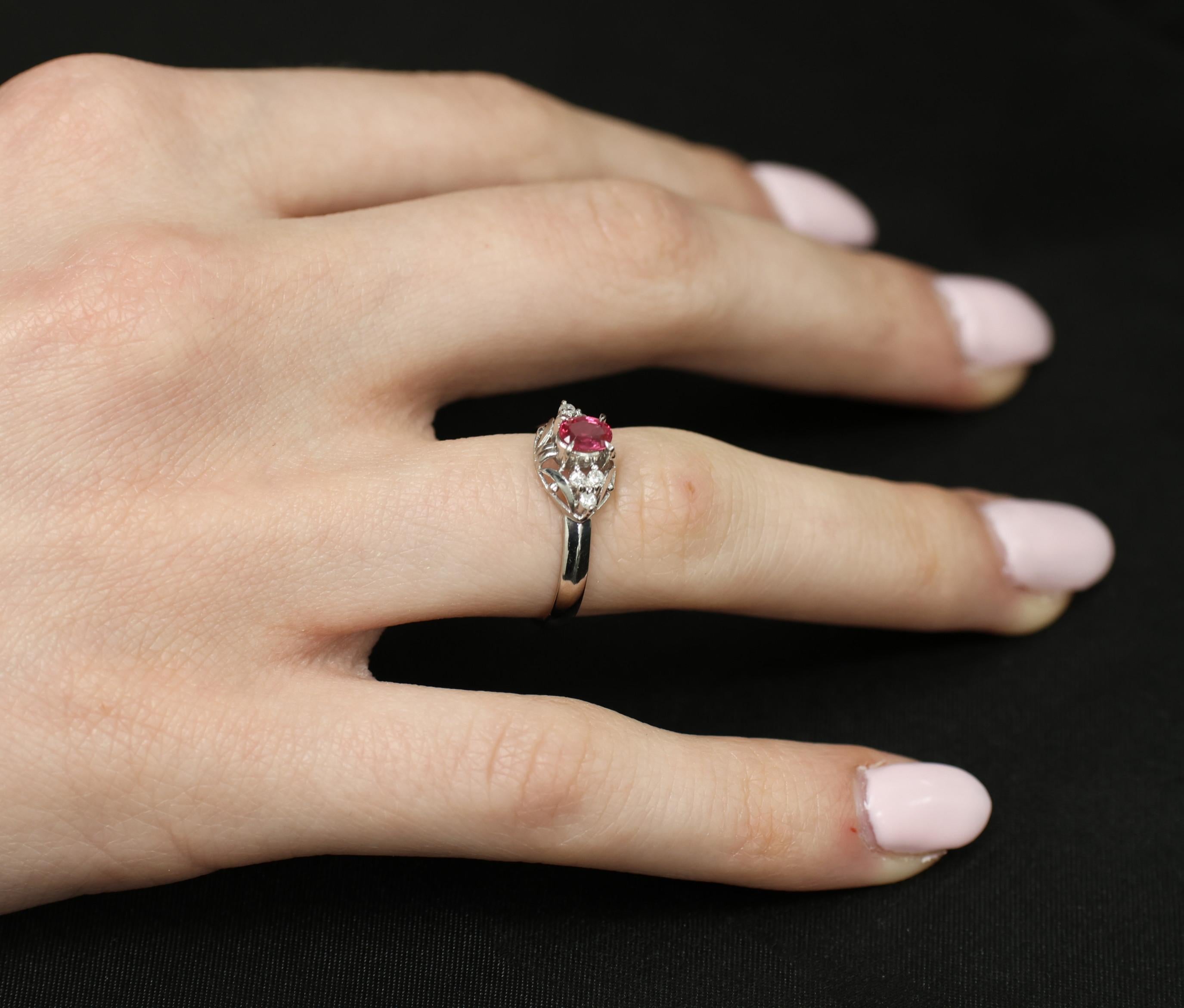 Vintage 0.44ct Ruby & 0.09ct Diamond Handmade Decorated Platinum Ring Size 4.5
