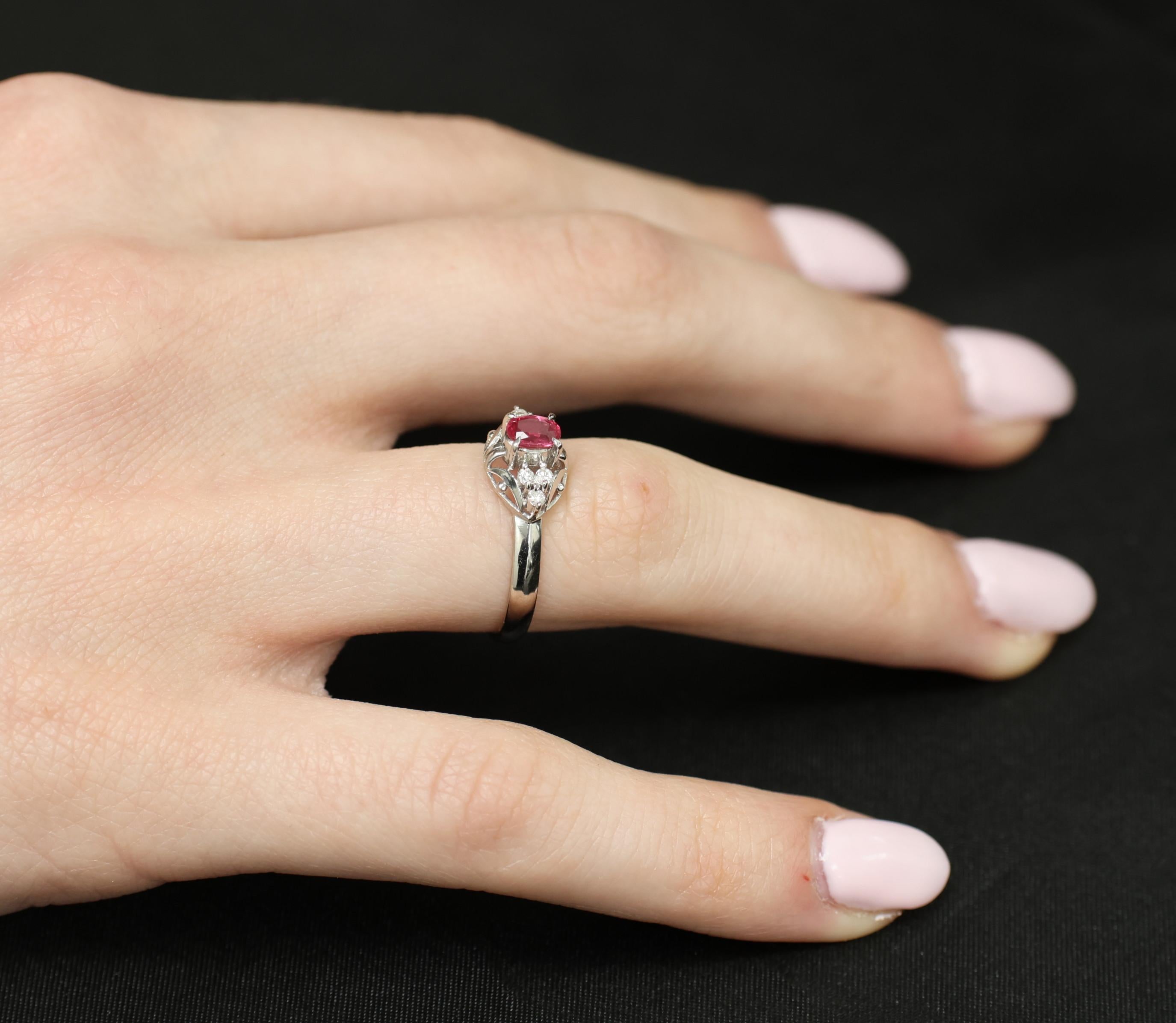 Vintage 0.44ct Ruby & 0.09ct Diamond Handmade Decorated Platinum Ring Size 4.5