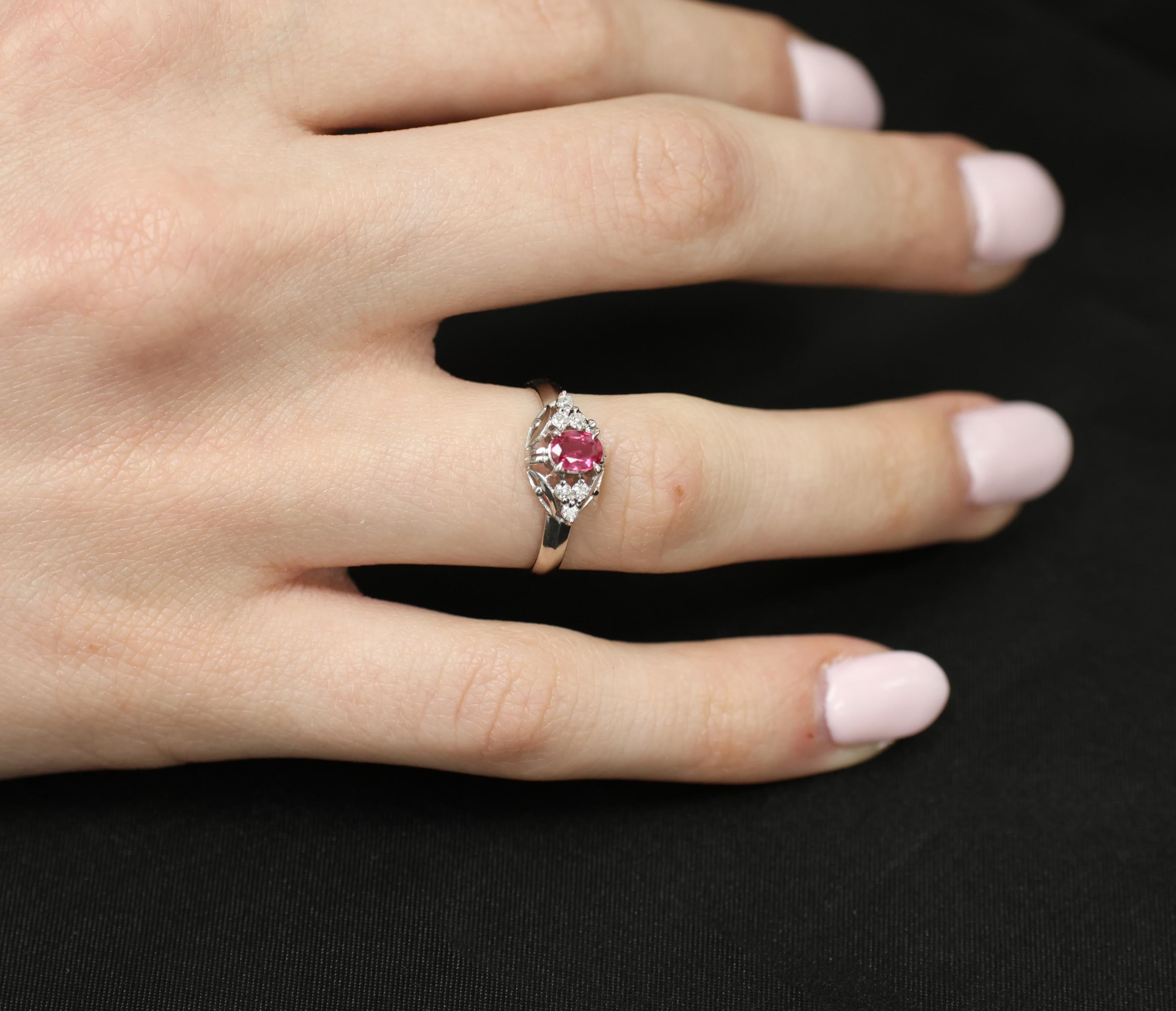 Vintage 0.44ct Ruby & 0.09ct Diamond Handmade Decorated Platinum Ring Size 4.5