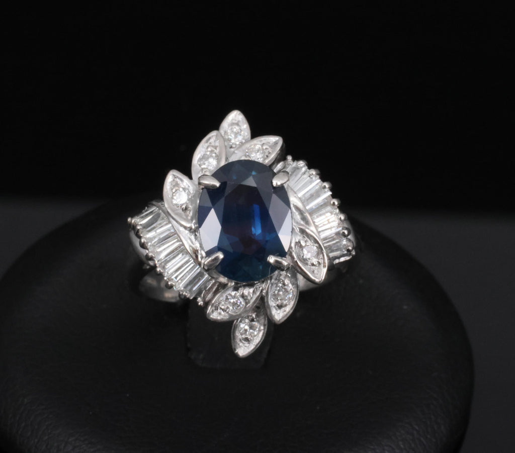 Fine 2.47ct GIA Blue Sapphire & 0.52ct Diamond Halo Platinum Ring, Size 5.75