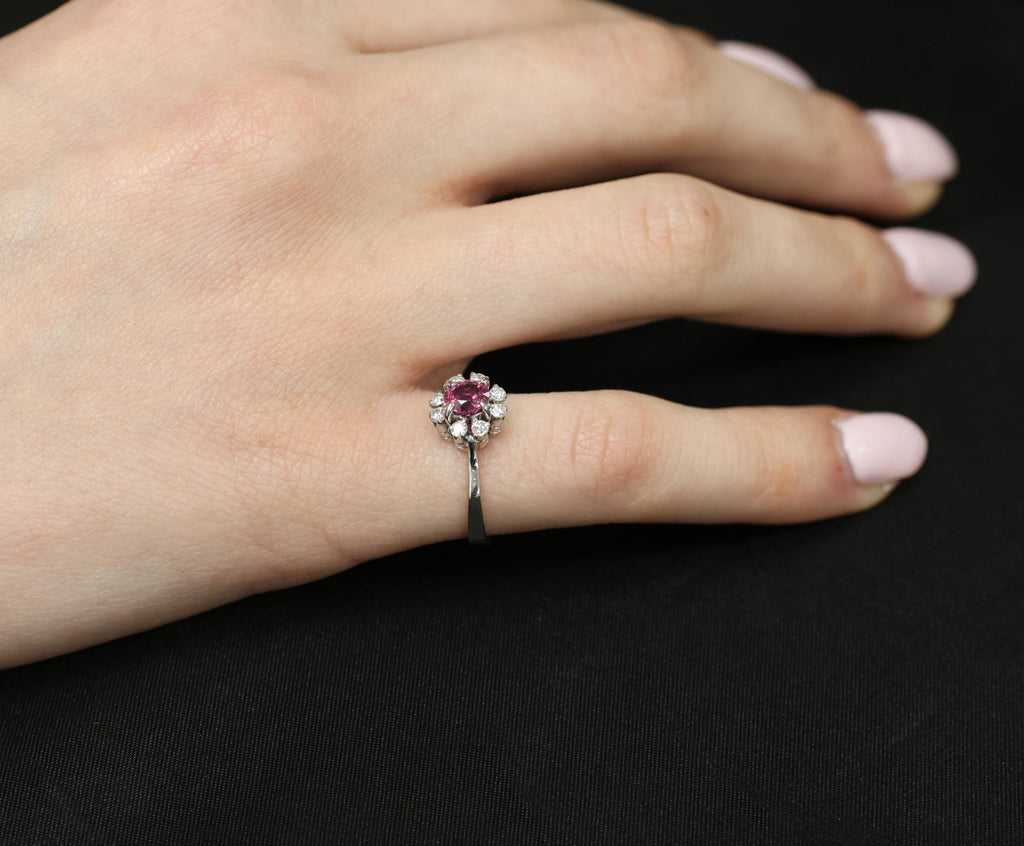 Fine 0.67ct Vivid Pink Sapphire & 0.20ct Diamond Platinum Halo Ring Size 5