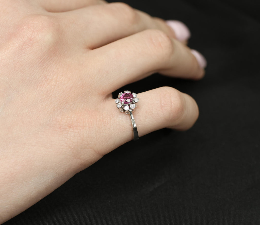 Fine 0.67ct Vivid Pink Sapphire & 0.20ct Diamond Platinum Halo Ring Size 5