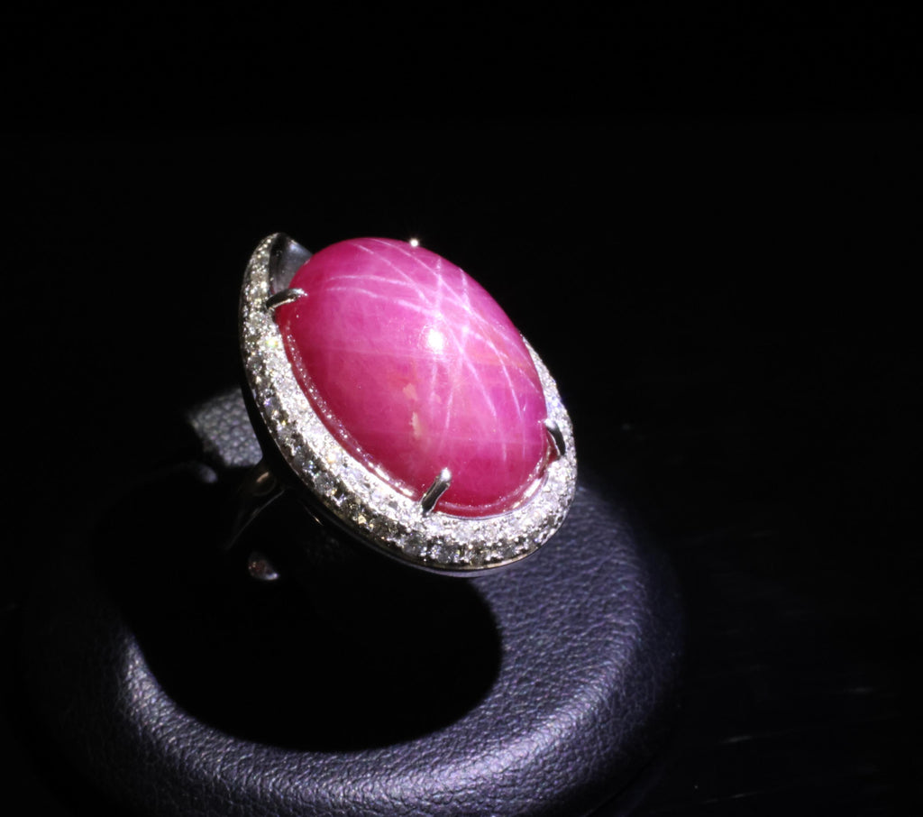 RARE! 20.02ct Natural Double Star Ruby & 0.45ct Diamond 18K Gold Ring, Size 6.25