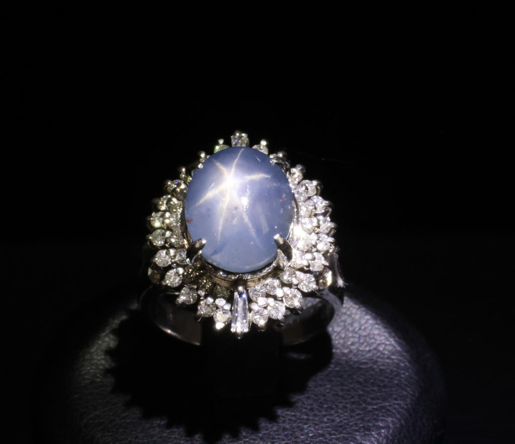 12.50ct Natural Blue Star Sapphire & 0.80ct Diamond Halo Platinum Ring Size 7.25