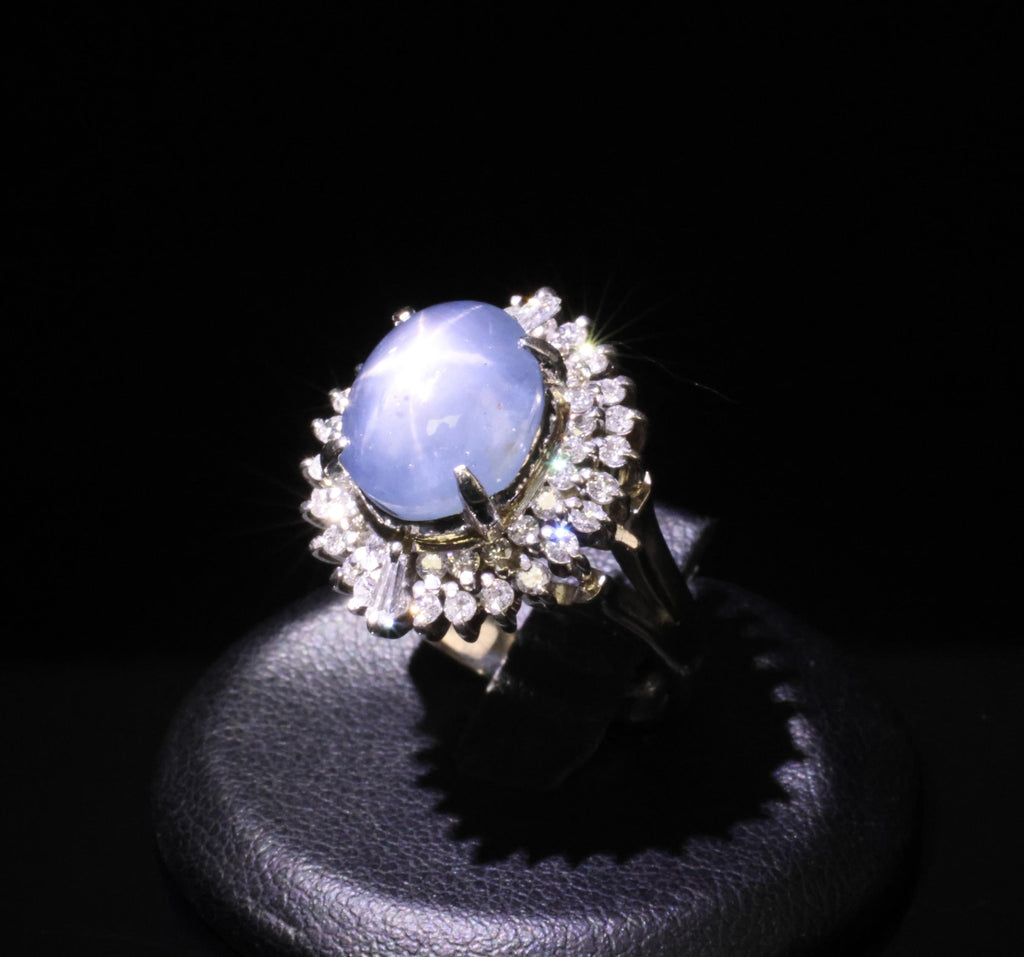 12.50ct Natural Blue Star Sapphire & 0.80ct Diamond Halo Platinum Ring Size 7.25
