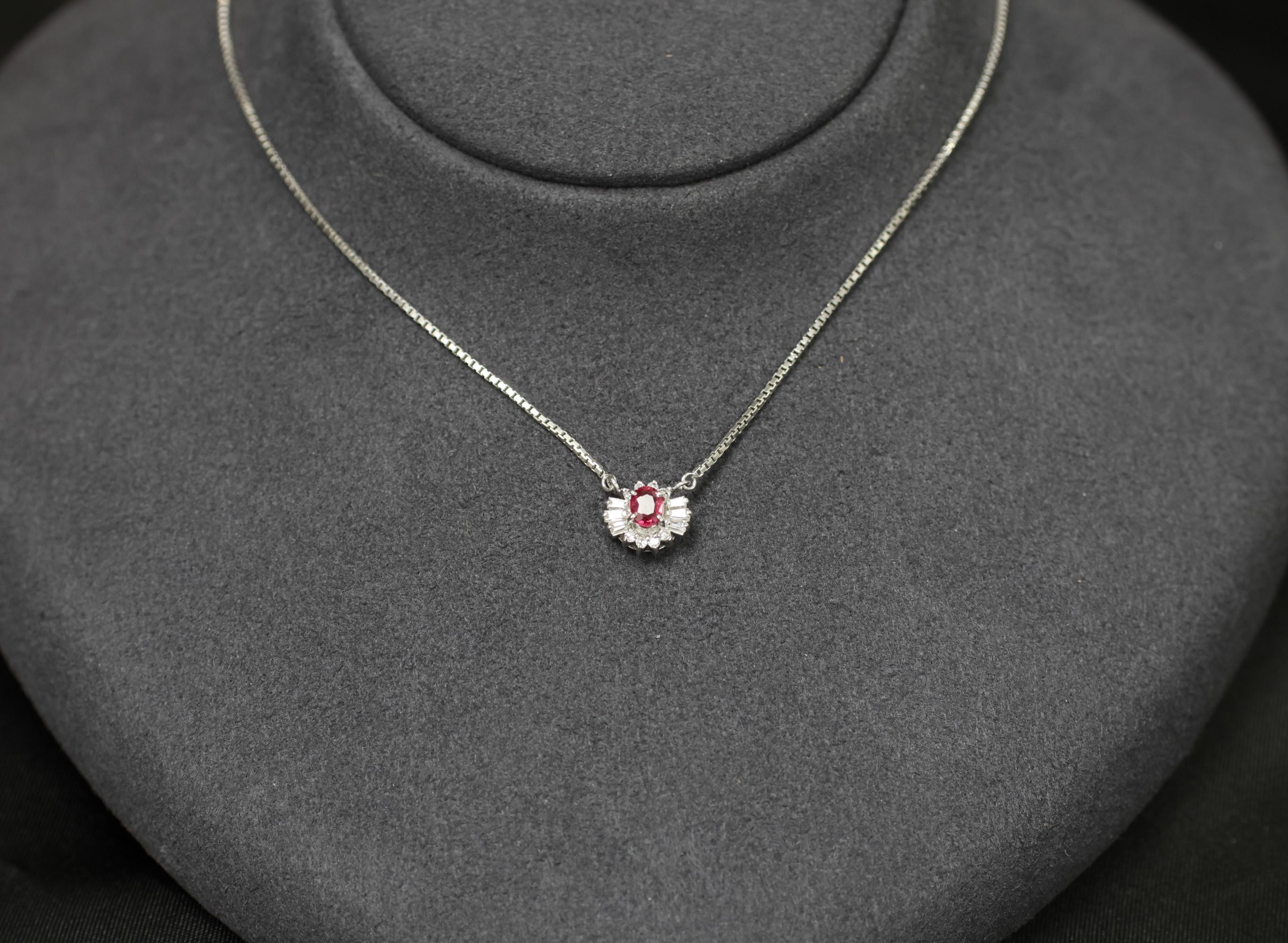 Fine 0.33ct Vivid Red Ruby & 0.19ct Diamond Platinum 16 Inch Necklace, 5.26g