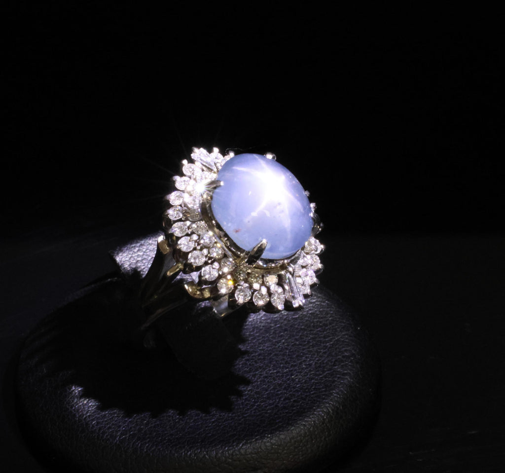 12.50ct Natural Blue Star Sapphire & 0.80ct Diamond Halo Platinum Ring Size 7.25