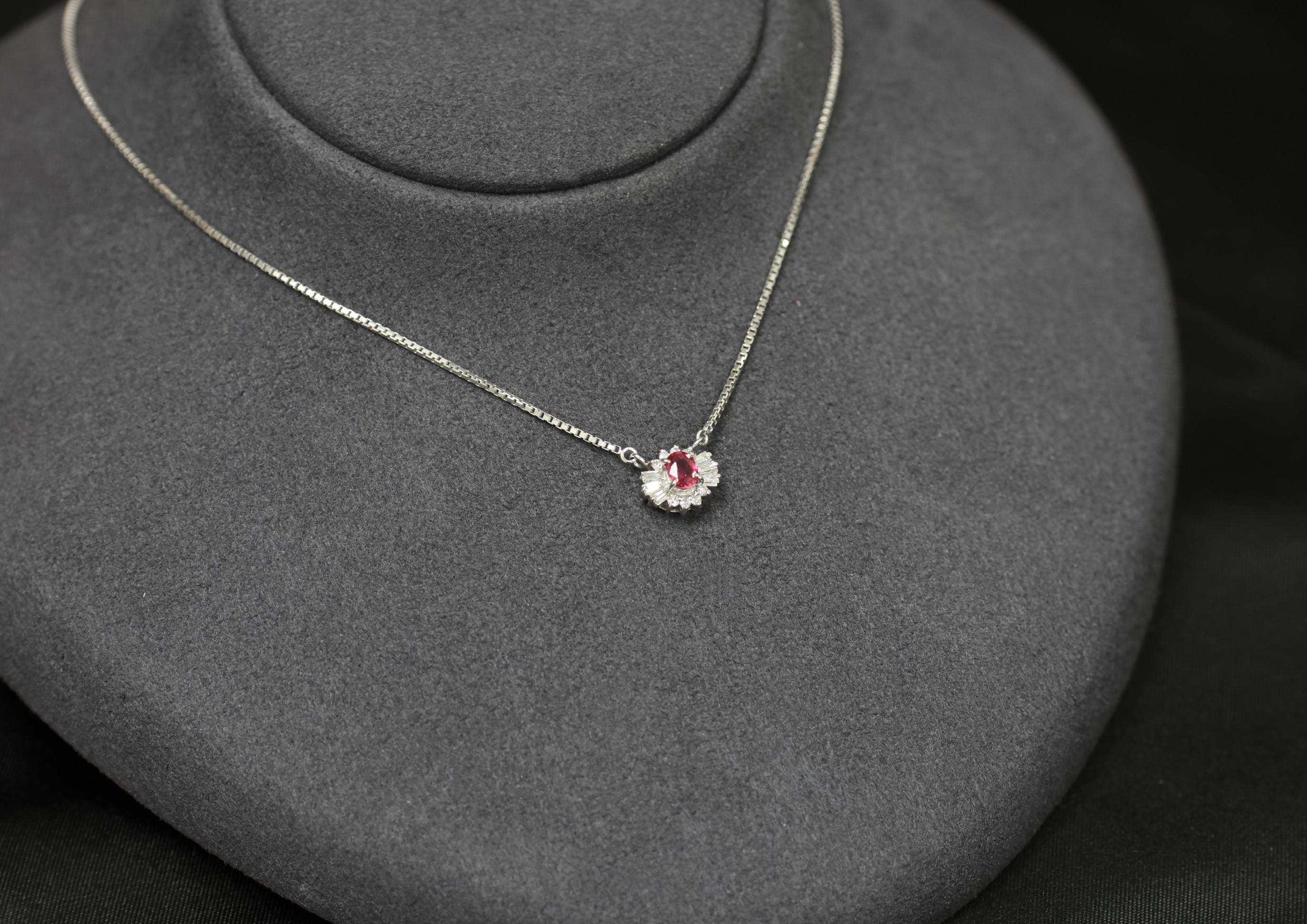 Fine 0.33ct Vivid Red Ruby & 0.19ct Diamond Platinum 16 Inch Necklace, 5.26g