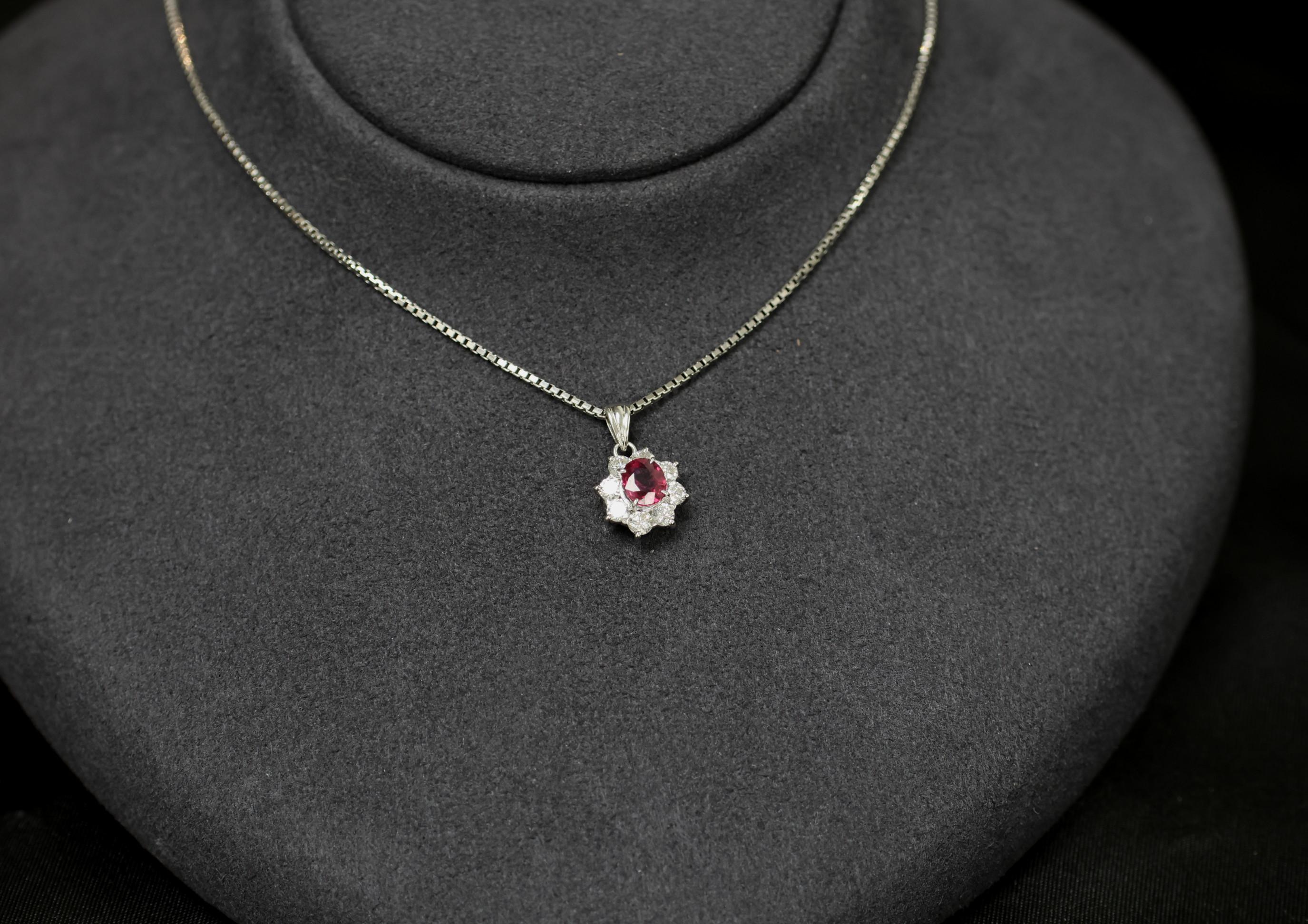 Fine 0.61ct Intense Red Ruby 0.55ct Diamond 16 Inch Platinum Halo Necklace 6.32g