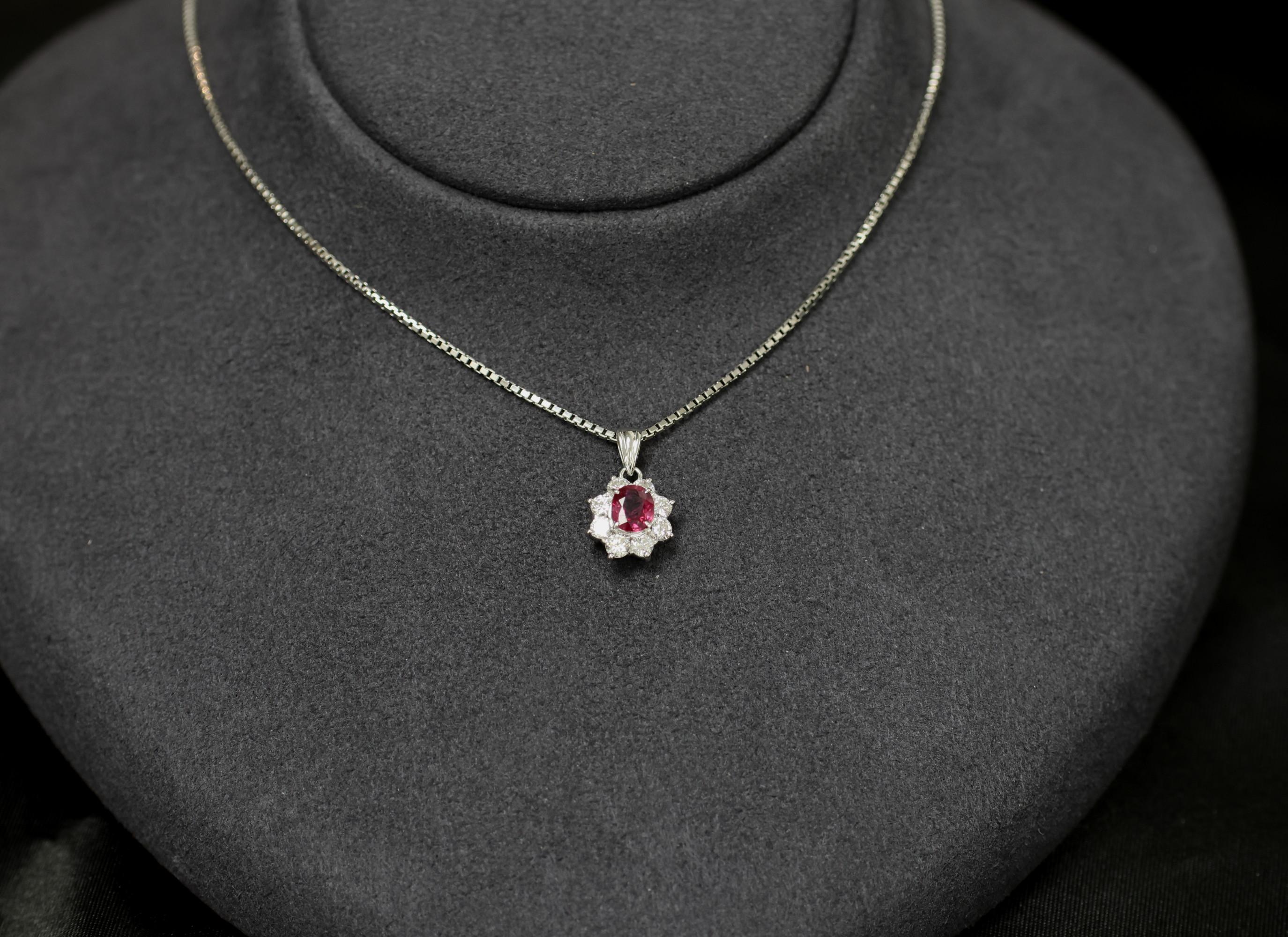 Fine 0.61ct Intense Red Ruby 0.55ct Diamond 16 Inch Platinum Halo Necklace 6.32g