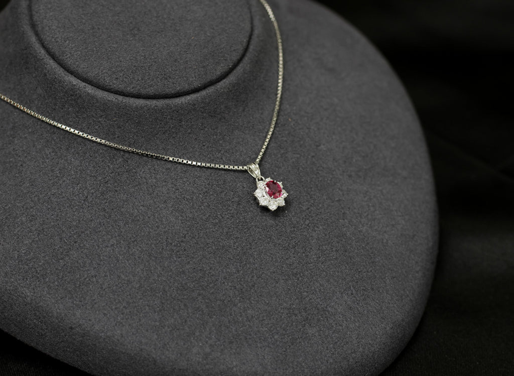 Fine 0.61ct Intense Red Ruby 0.55ct Diamond 16 Inch Platinum Halo Necklace 6.32g