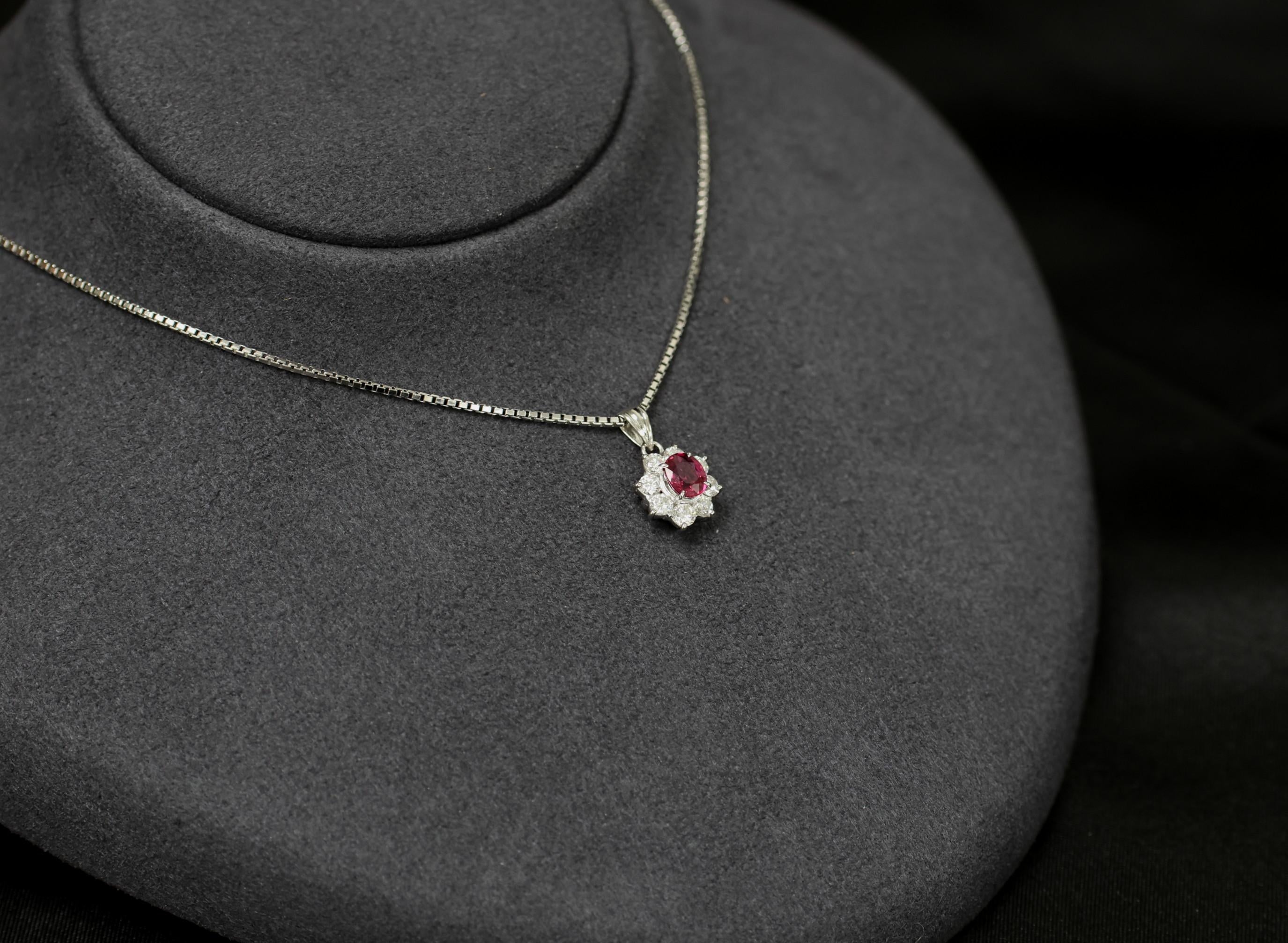Fine 0.61ct Intense Red Ruby 0.55ct Diamond 16 Inch Platinum Halo Necklace 6.32g