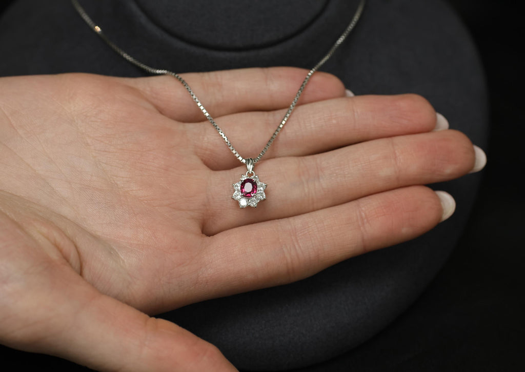 Fine 0.61ct Intense Red Ruby 0.55ct Diamond 16 Inch Platinum Halo Necklace 6.32g