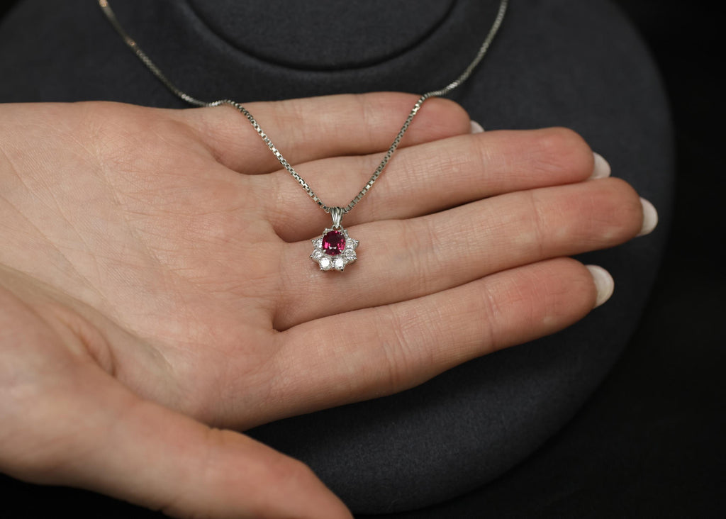 Fine 0.61ct Intense Red Ruby 0.55ct Diamond 16 Inch Platinum Halo Necklace 6.32g